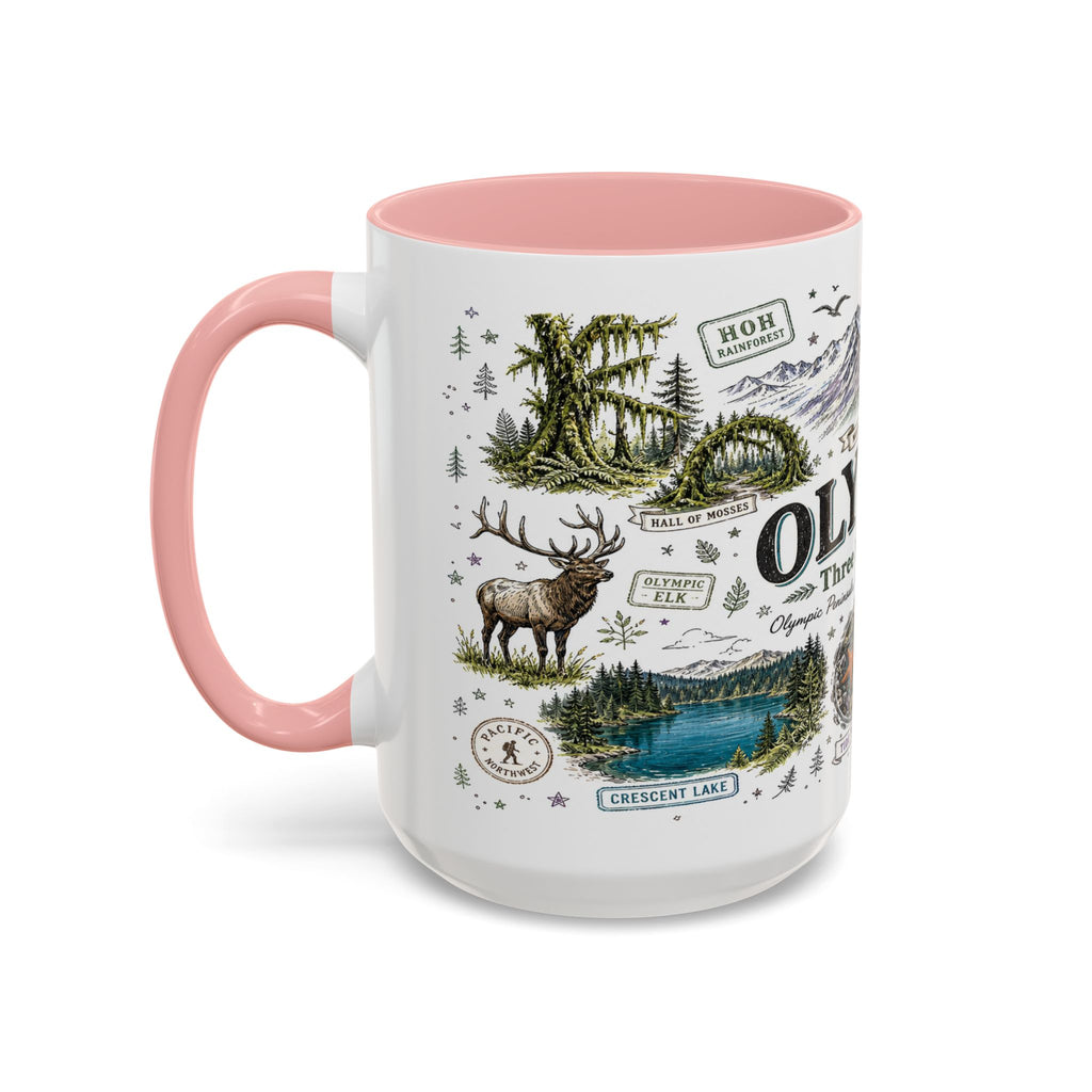 Olympic Coffee Mug | National Park Hiking Rainforest Gift | Accent Color Ceramic 11oz 15oz