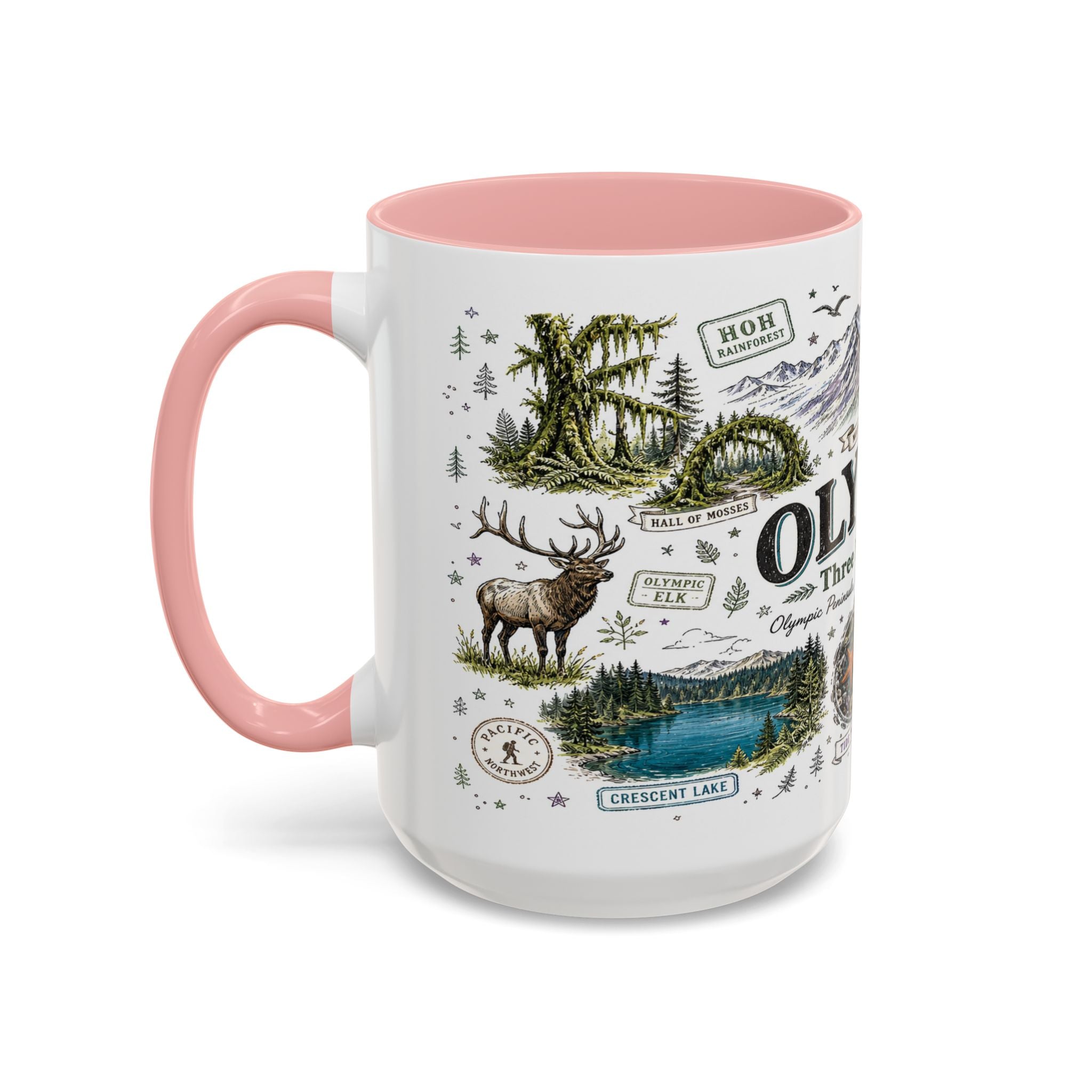 Olympic Coffee Mug | National Park Hiking Rainforest Gift | Accent Color Ceramic 11oz 15oz