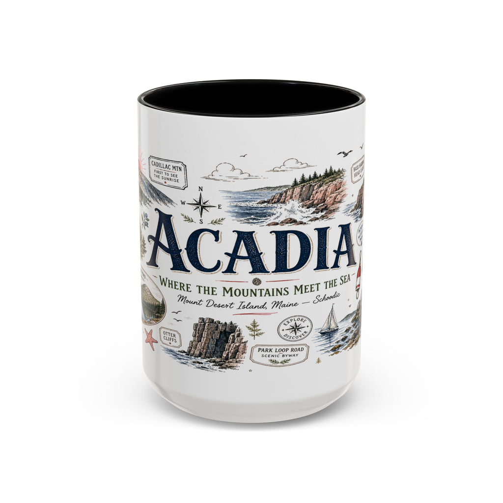 Acadia Coffee Mug | National Park Hiking Coastal Gift | Accent Color Ceramic 11oz 15oz