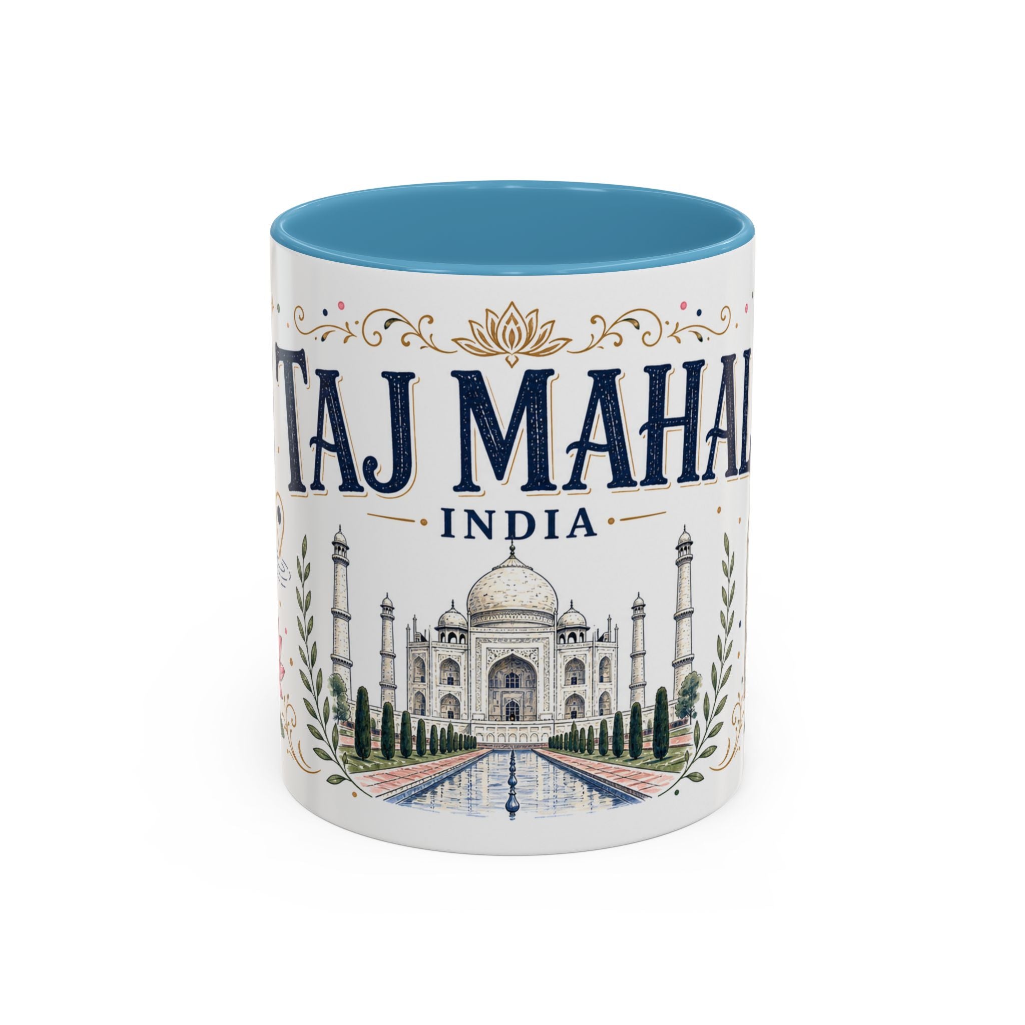 Taj Mahal Coffee Mug | Travel Destination Souvenir Gift | Accent Color Ceramic 11oz 15oz