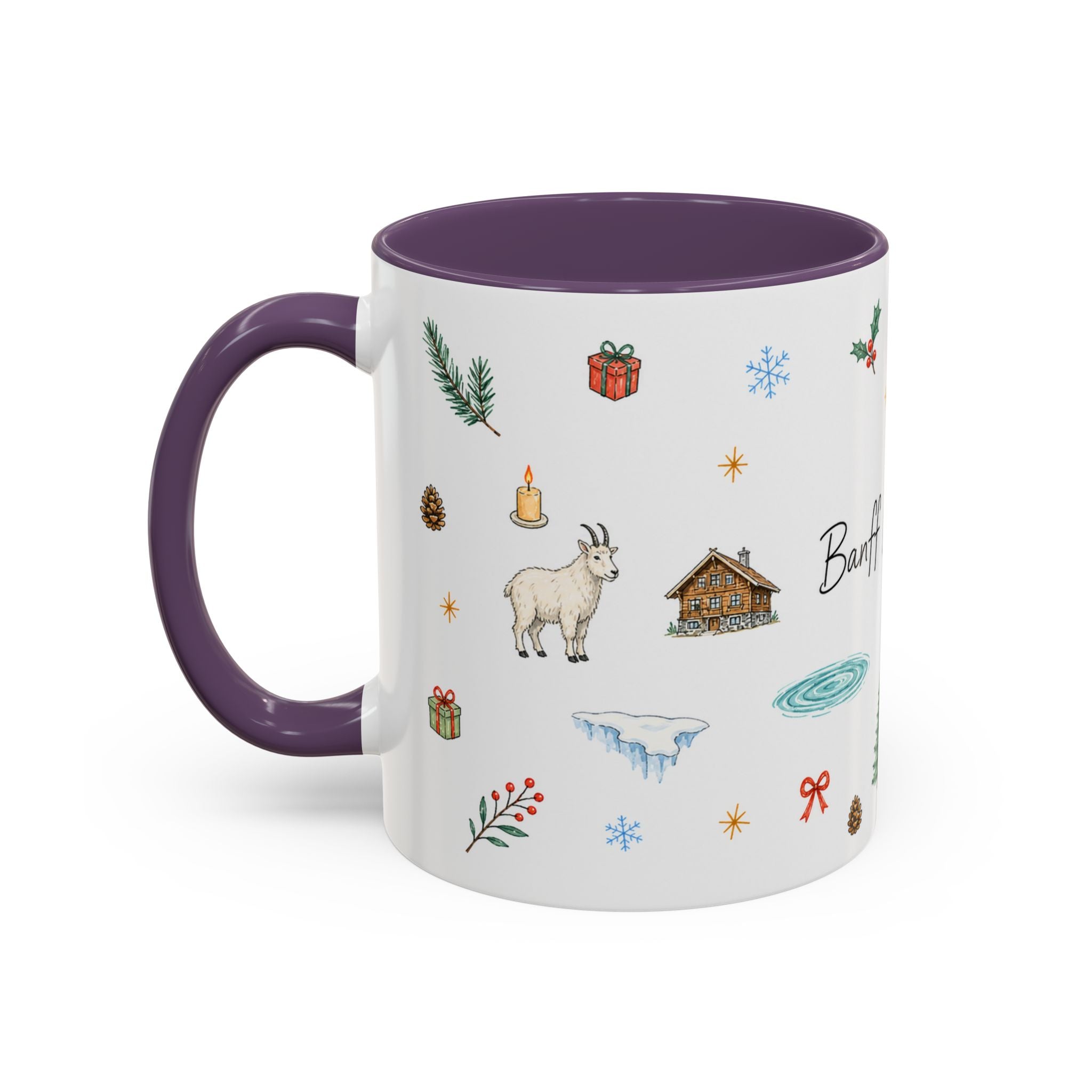 Banff Lake Louise Christmas Mug | Watercolor Travel Souvenir | Holiday Gift | Accent Ceramic Coffee Cup 11oz 15oz