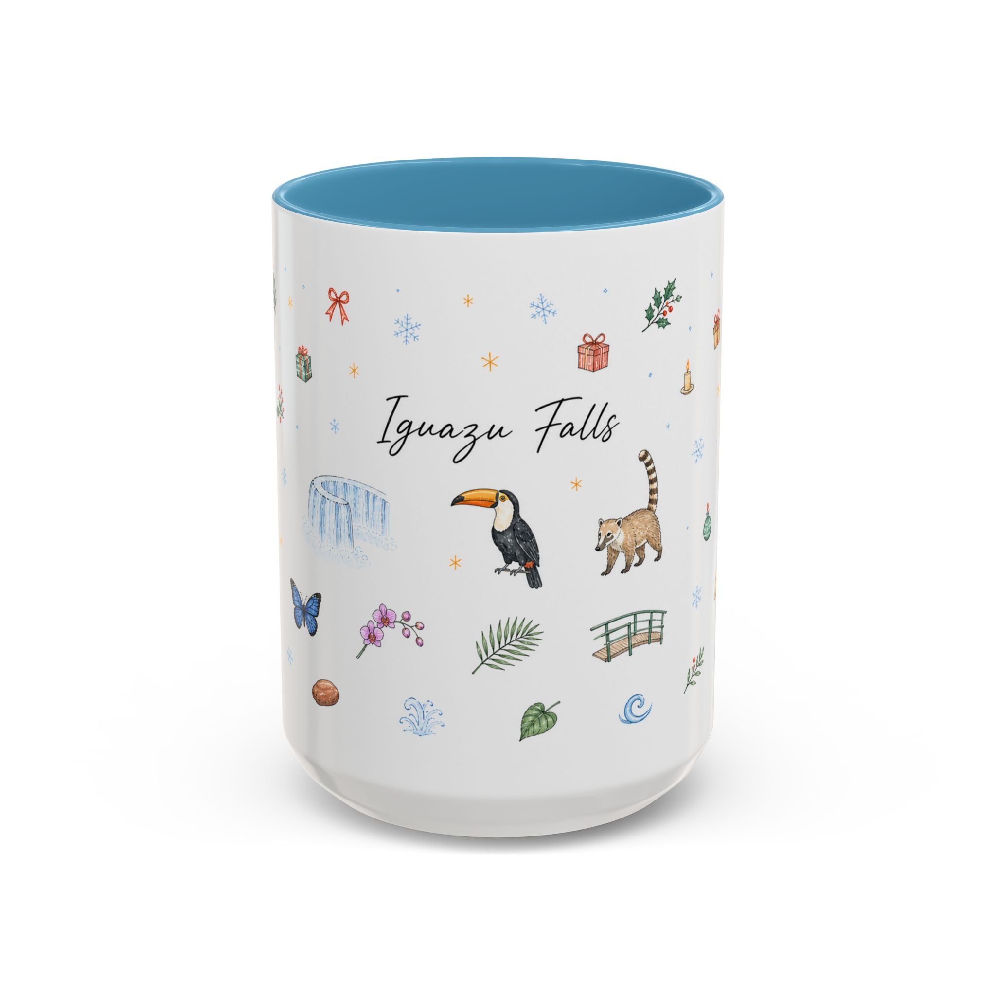 Iguazu Falls Christmas Mug | Watercolor Travel Souvenir | Holiday Gift | Accent Ceramic Coffee Cup 11oz 15oz