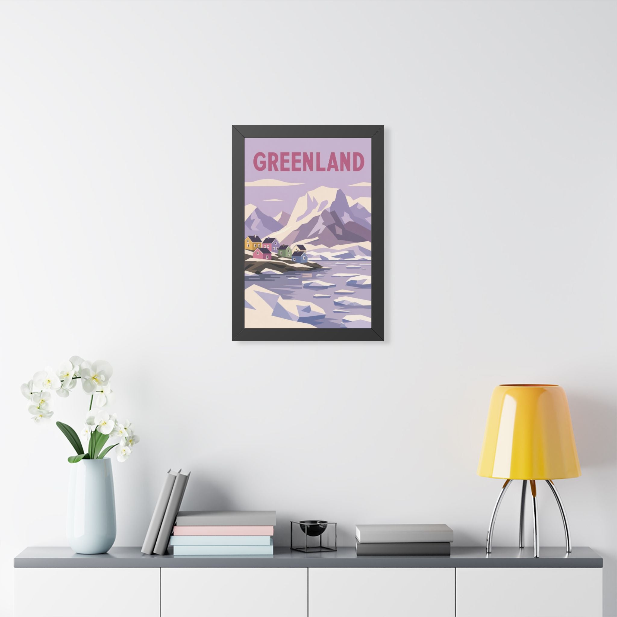 Greenland Village Greenland Framed Poster | Vintage Travel Wall Art | Black Walnut White Frame | 16x24 20x30