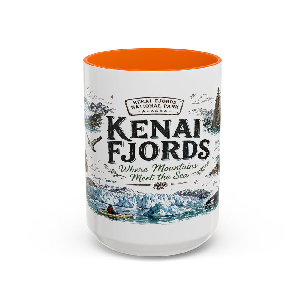 Kenai Fjords National Park Coffee Mug | Alaska Coastal Wildlife Hiking Gift | Accent Color Ceramic 11oz 15oz