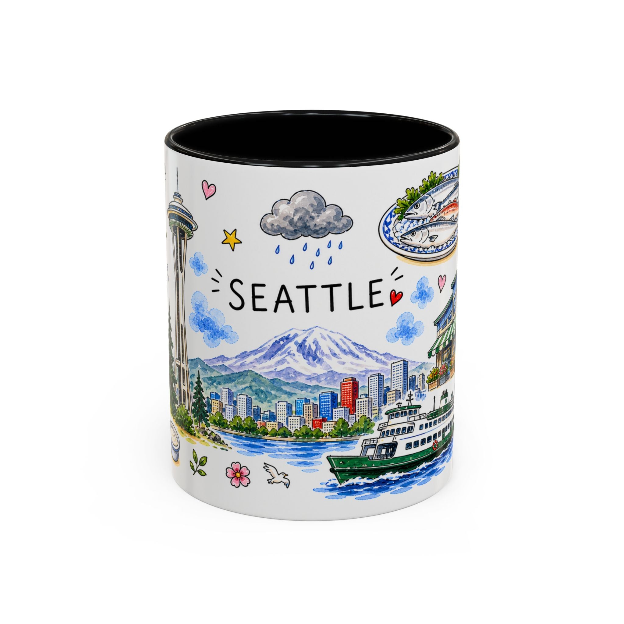 Seattle Illustrated Travel Mug | City Souvenir Accent Coffee Mug | 11oz 15oz Ceramic Cup