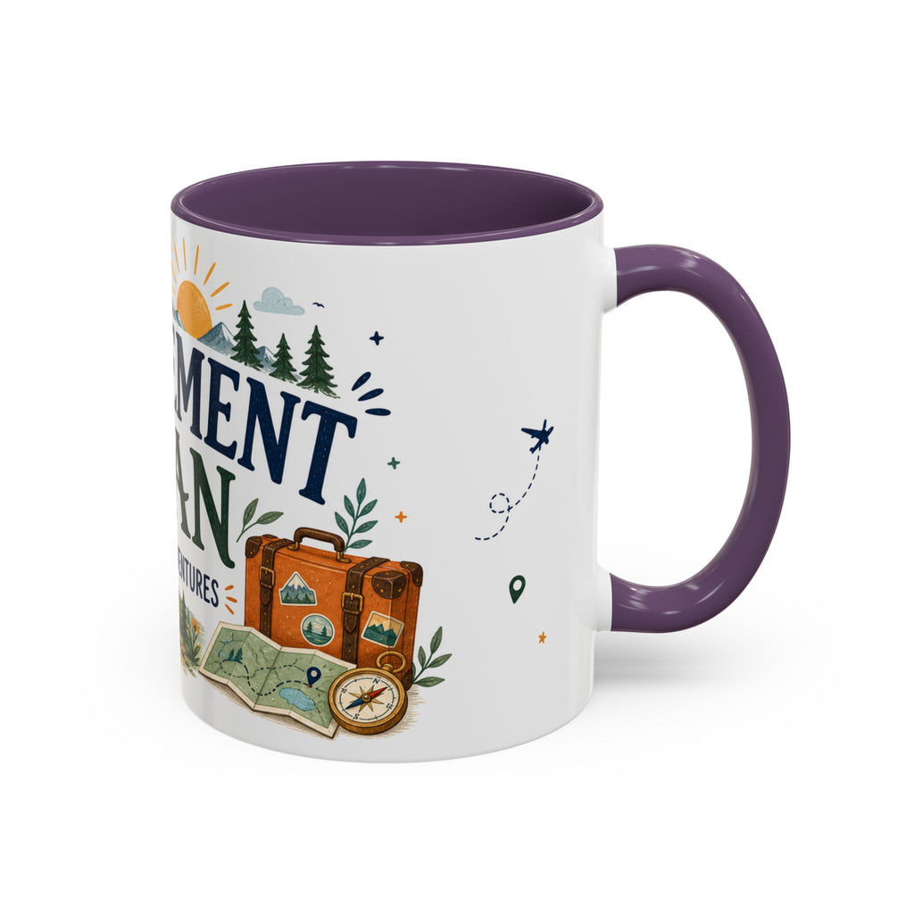 Retirement Plan Coffee And Adventures Mug | Travel Retirement Gift | Accent Color Ceramic 11oz 15oz