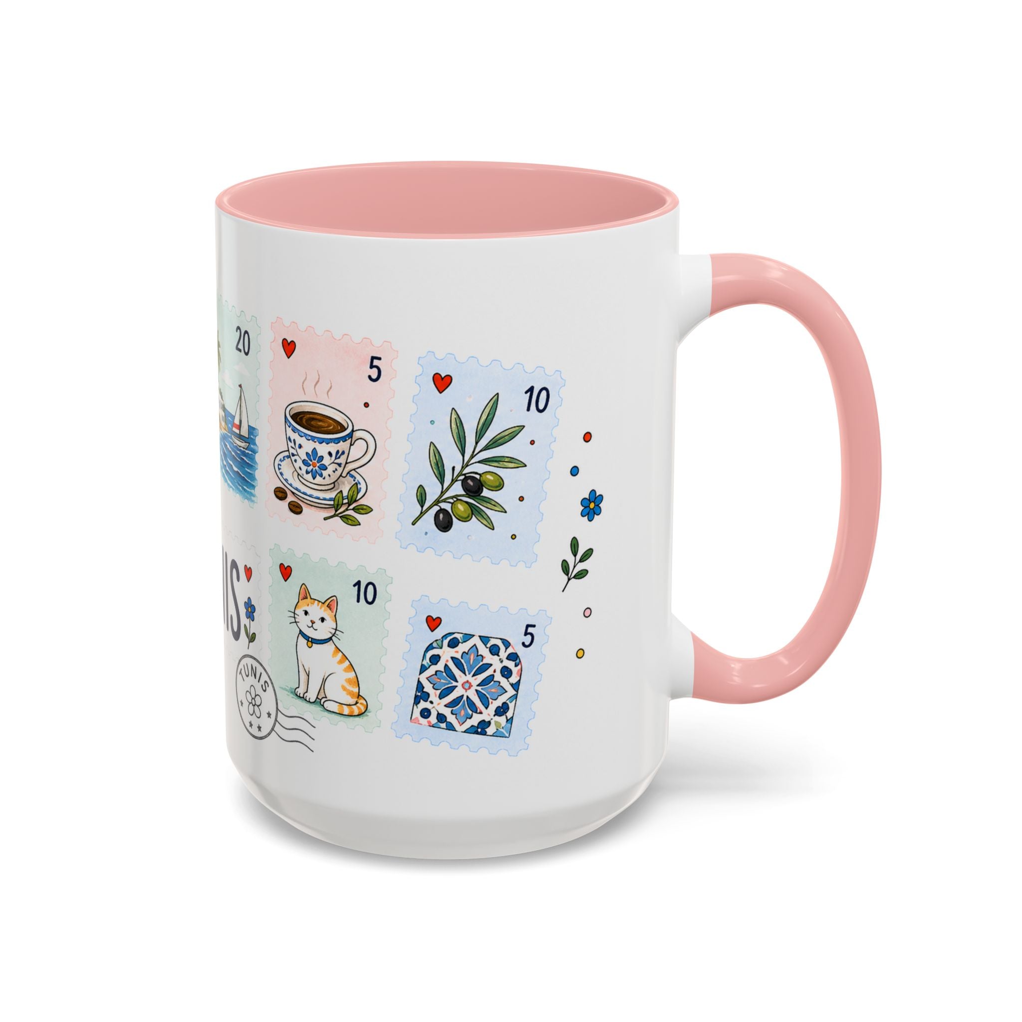 Tunis Coffee Mug | Postage Stamp Collage Mug | Travel Souvenir Accent Cup 11oz 15oz