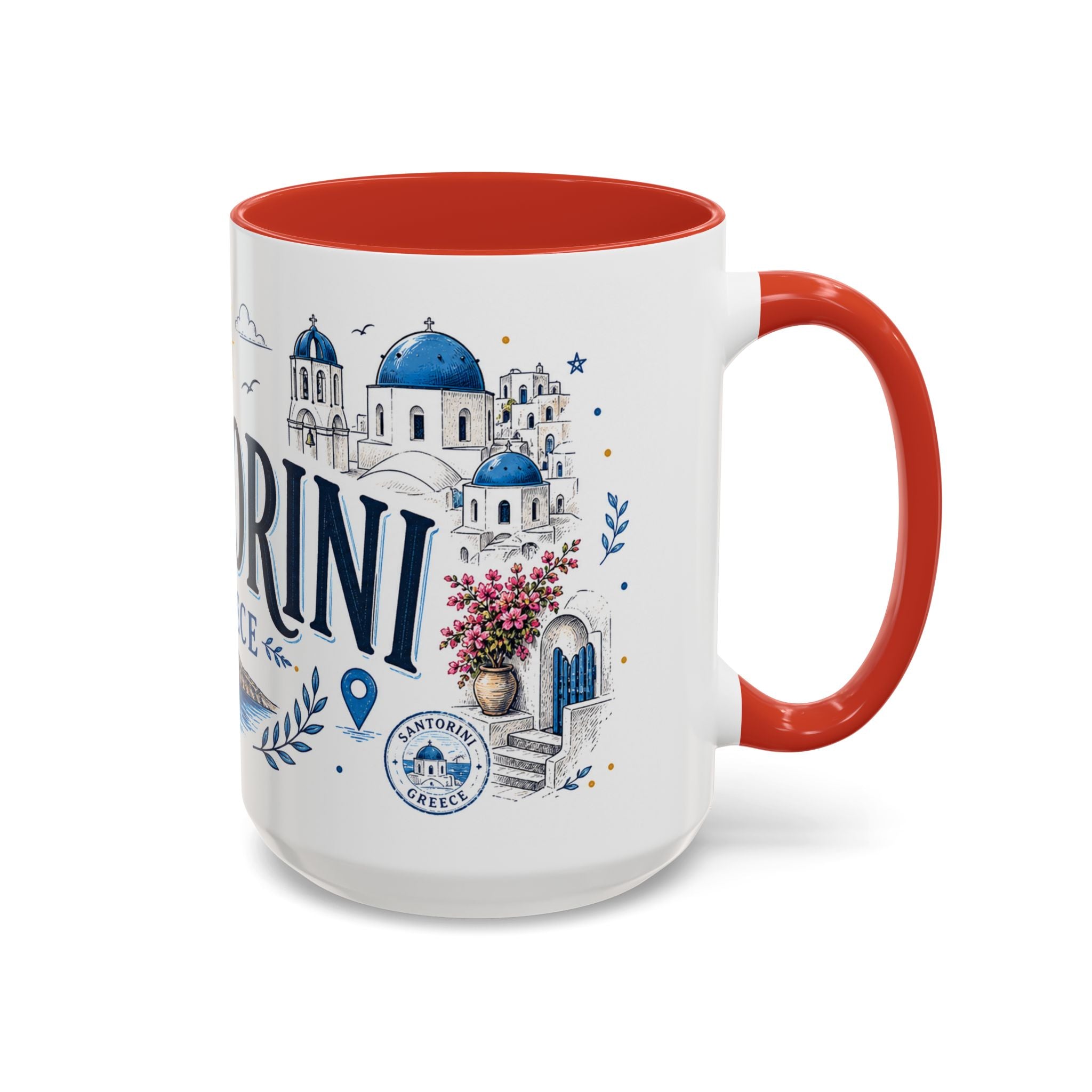 Santorini Coffee Mug | Travel Destination Souvenir Gift | Accent Color Ceramic 11oz 15oz