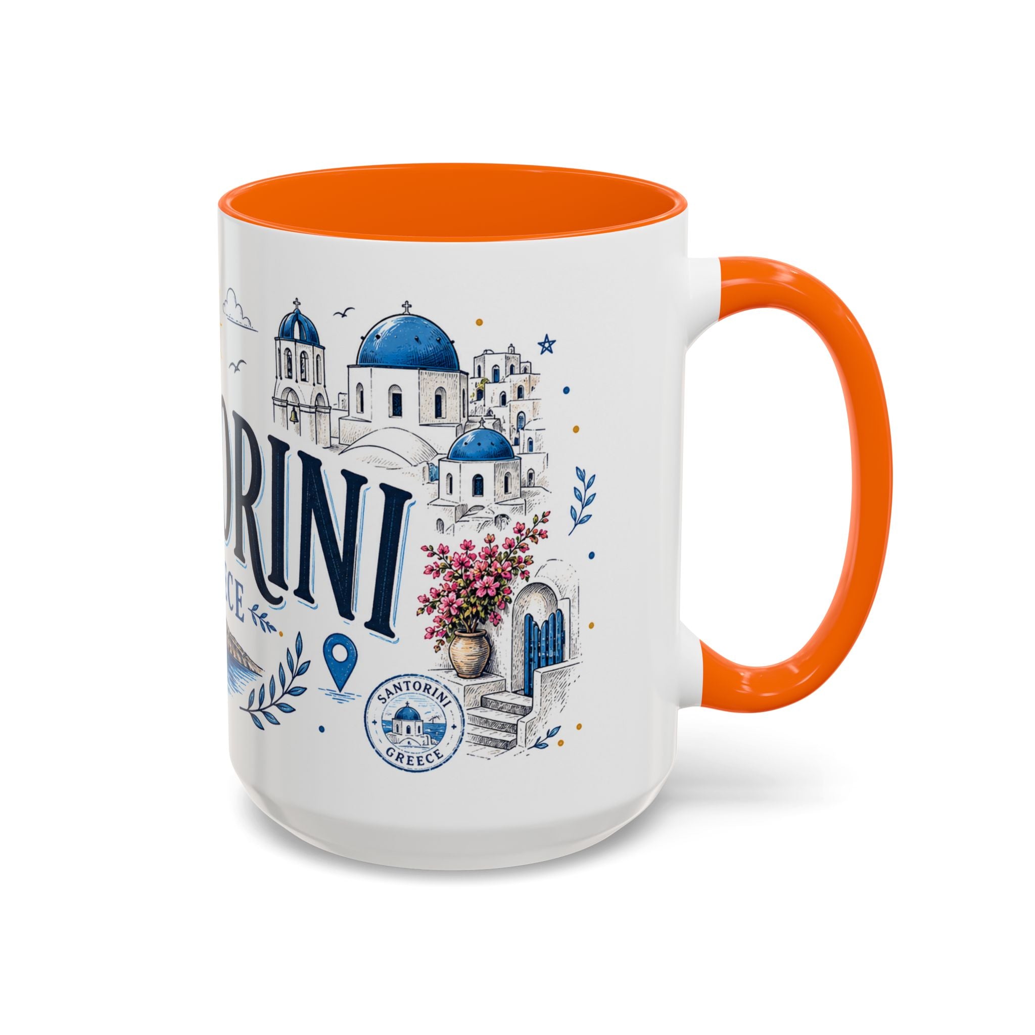 Santorini Coffee Mug | Travel Destination Souvenir Gift | Accent Color Ceramic 11oz 15oz