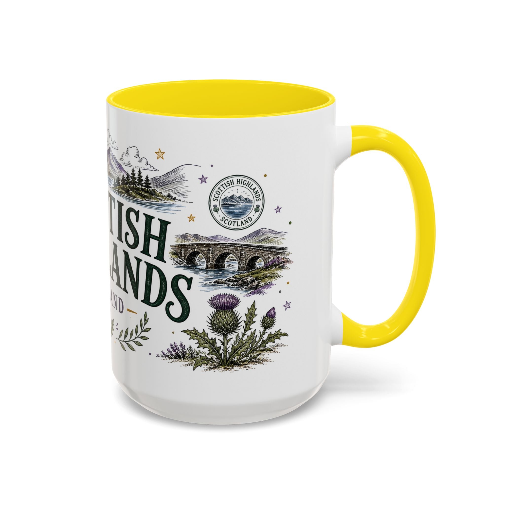 Scottish Highlands Coffee Mug | Travel Destination Souvenir Gift | Accent Color Ceramic 11oz 15oz