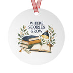 Front view of a round aluminum ornament with reading teacher artwork.
