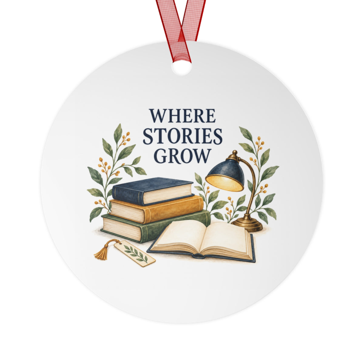 Front view of a round aluminum ornament with reading teacher artwork.