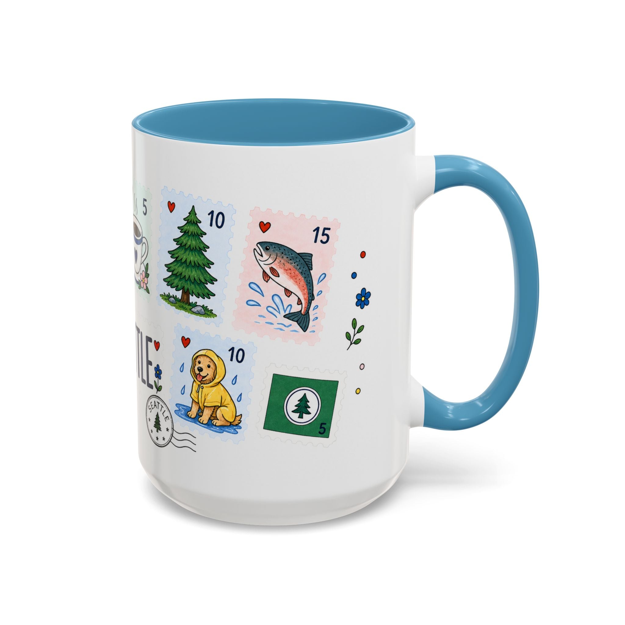 Seattle Coffee Mug | Postage Stamp Collage Mug | Travel Souvenir Accent Cup 11oz 15oz