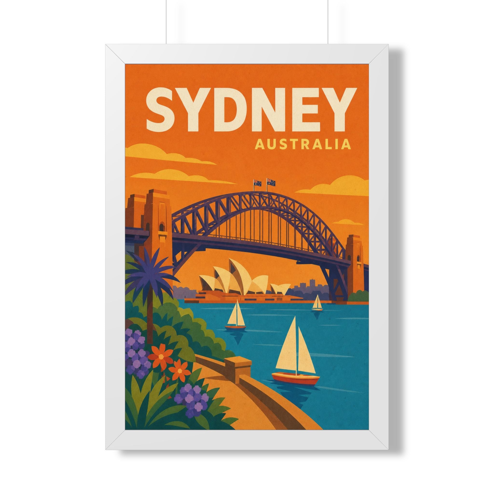 Sydney Harbour Australia Framed Poster | Vintage Travel Wall Art | Black Walnut White Frame | 16x24 20x30