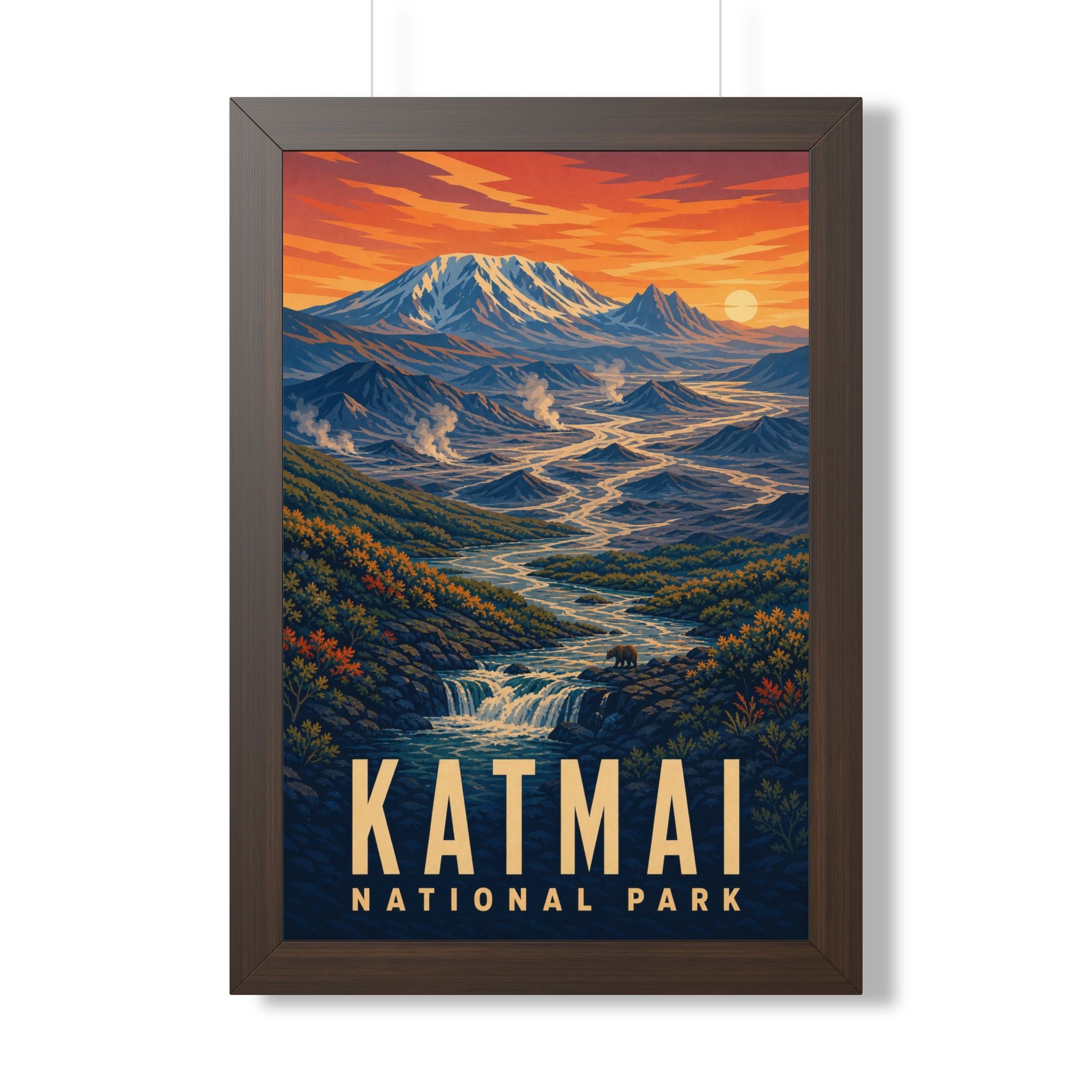 Katmai National Park Framed Poster | Vintage Travel Wall Art | Black Walnut White Frame | 16x24 20x30