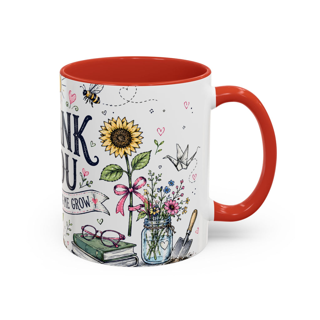 Thank You Teacher Coffee Mug | For Helping Me Grow Appreciation Gift | Accent Color Ceramic 11oz 15oz