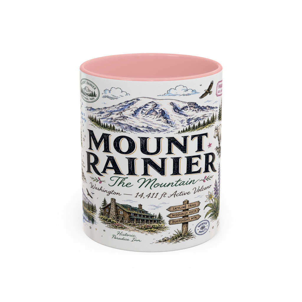 Mount Rainier Coffee Mug | National Park Hiking Washington Gift | Accent Color Ceramic 11oz 15oz