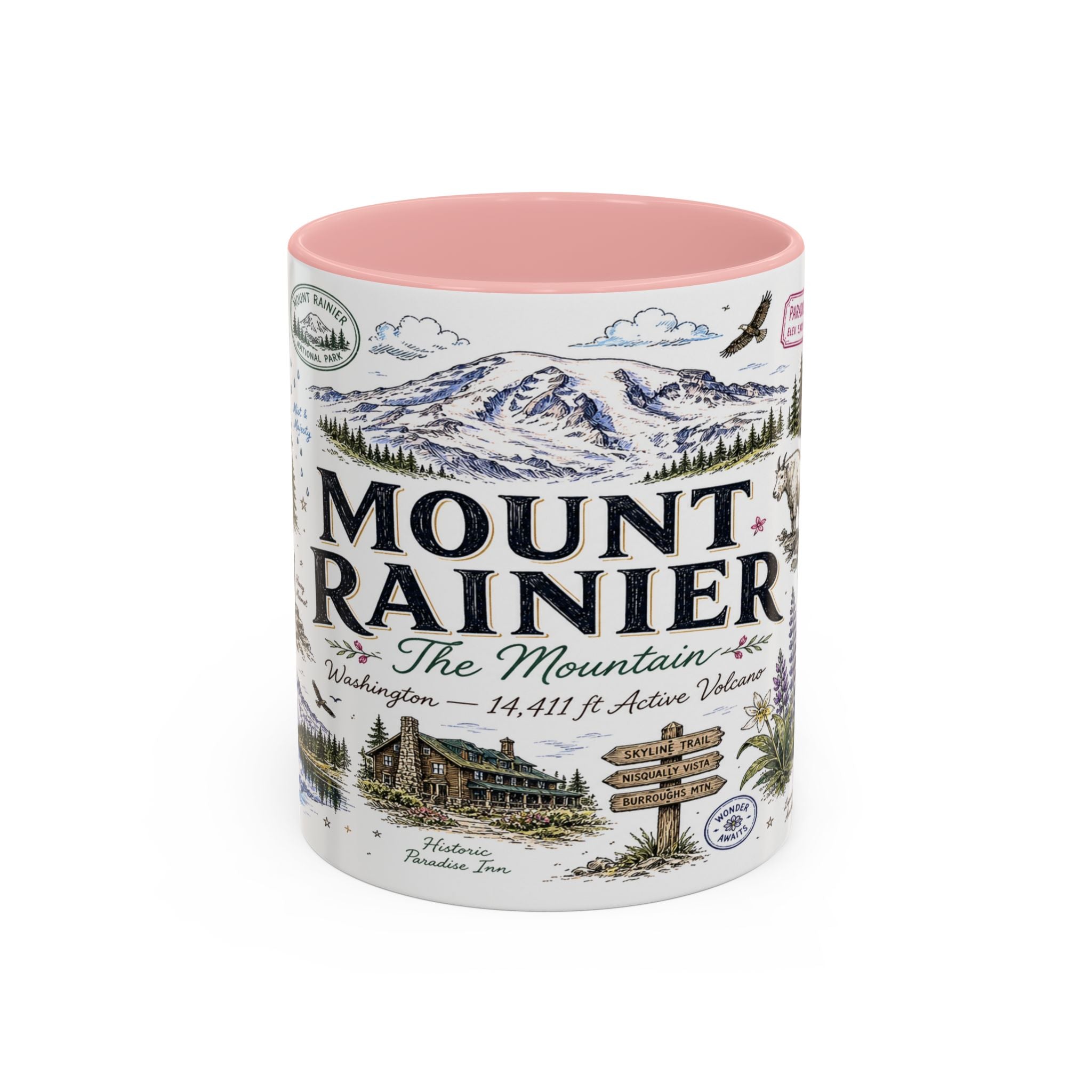 Mount Rainier Coffee Mug | National Park Hiking Washington Gift | Accent Color Ceramic 11oz 15oz