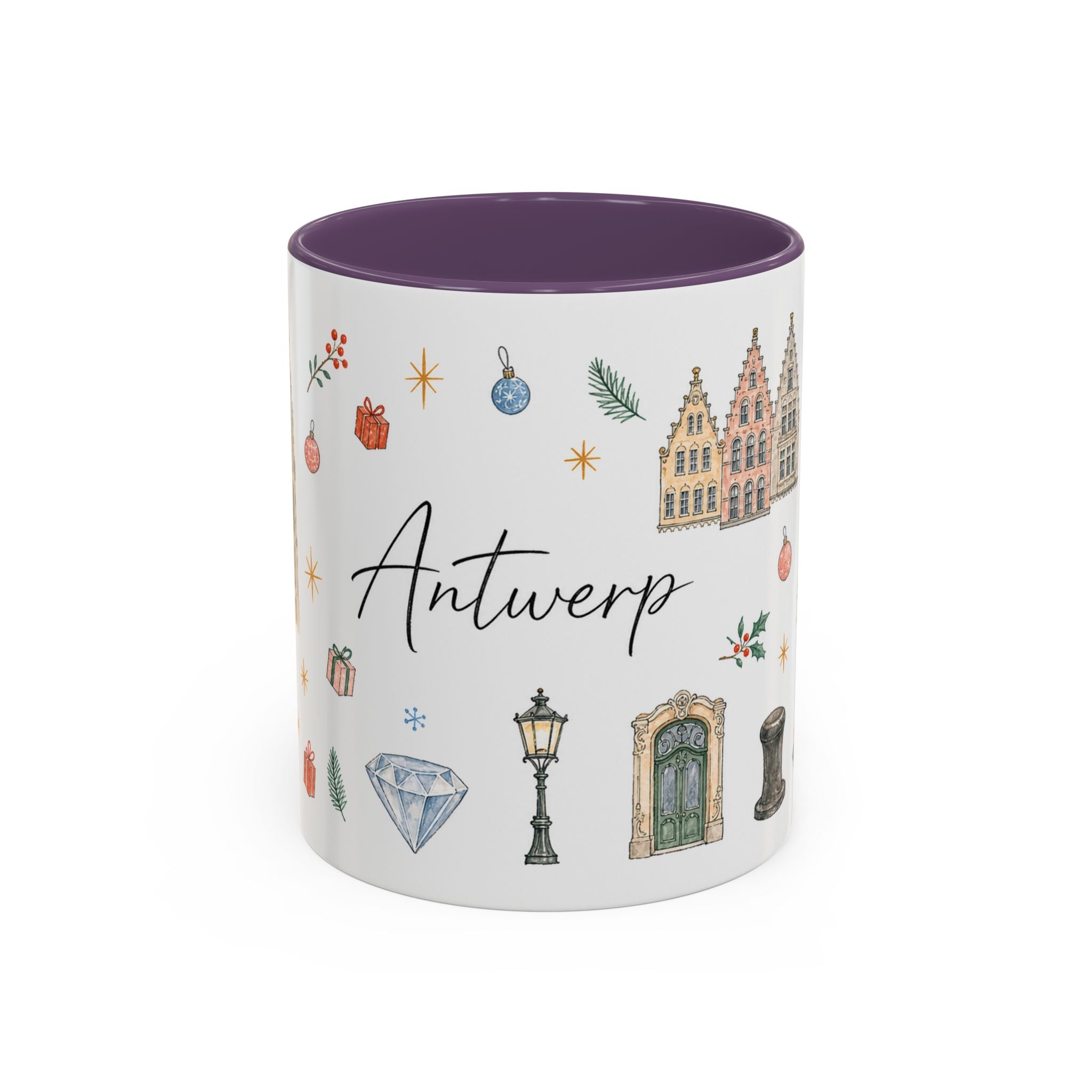 Antwerp Christmas Mug | Watercolor Travel Souvenir | Holiday Gift | Accent Ceramic Coffee Cup 11oz 15oz
