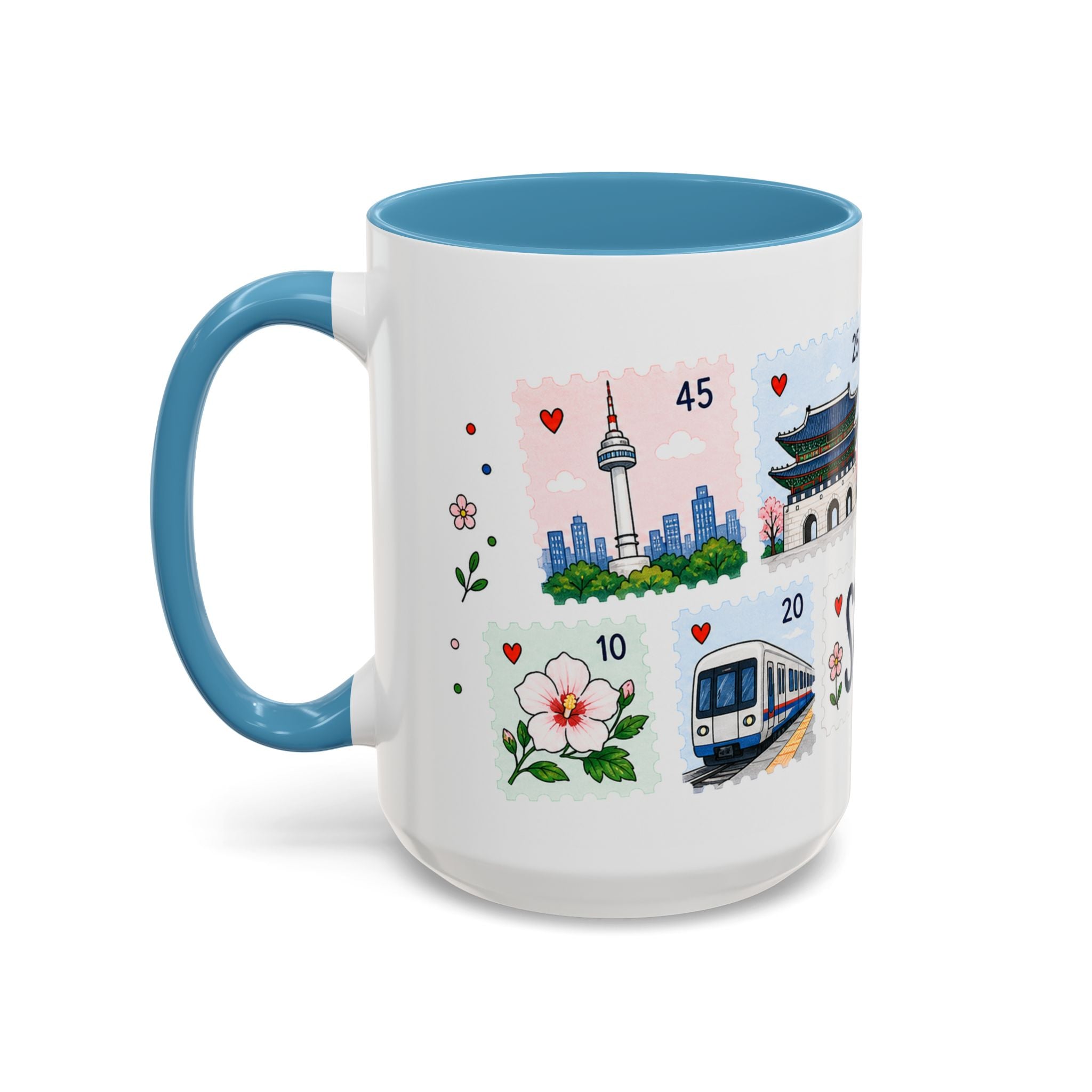Seoul Coffee Mug | Postage Stamp Collage Mug | Travel Souvenir Accent Cup 11oz 15oz
