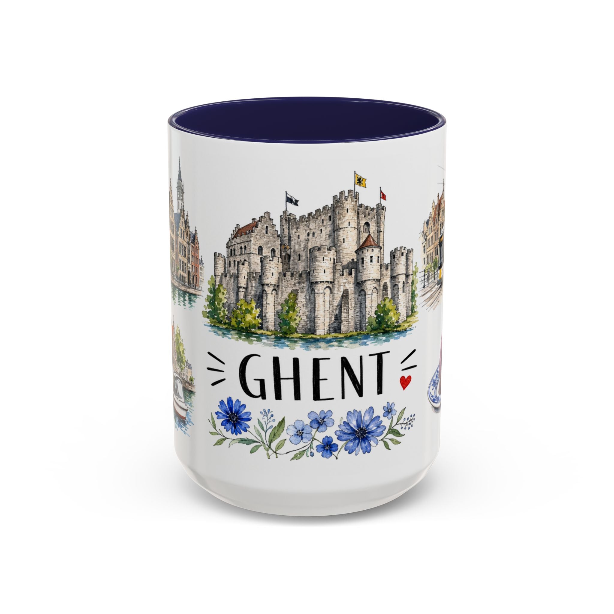 Ghent Illustrated Travel Mug | City Souvenir Accent Coffee Mug | 11oz 15oz Ceramic Cup