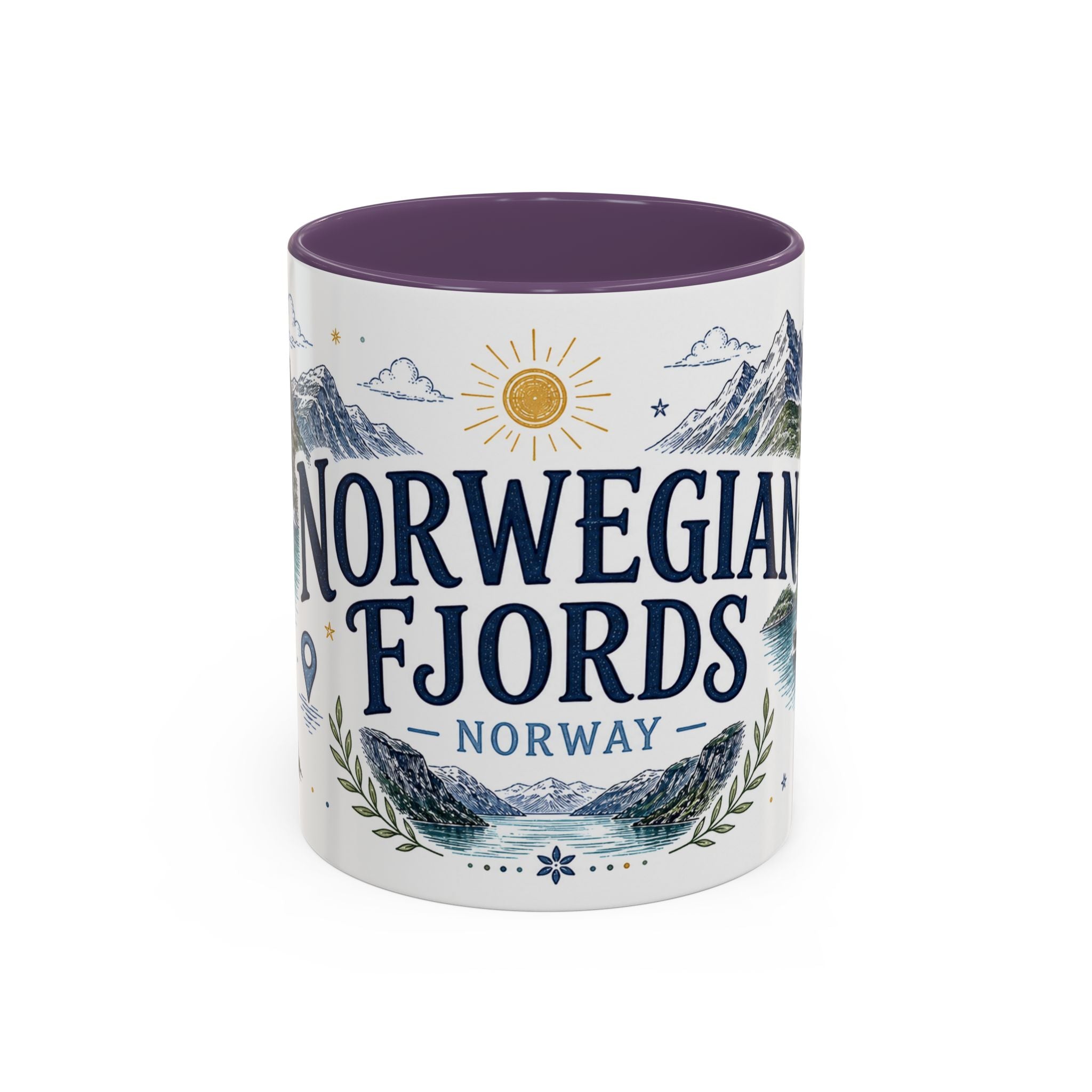 Norwegian Fjords Coffee Mug | Travel Destination Souvenir Gift | Accent Color Ceramic 11oz 15oz