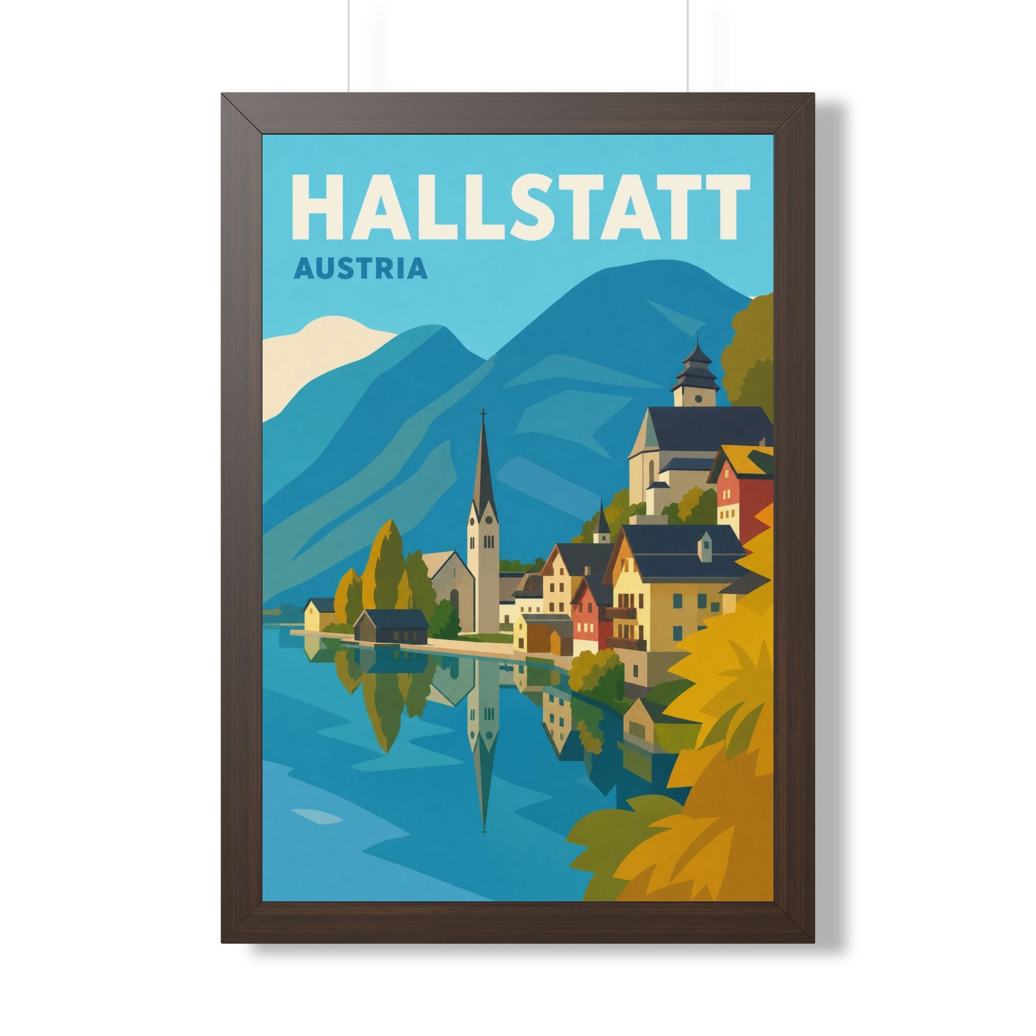 Hallstatt Austria Framed Poster | Vintage Travel Wall Art | Black Walnut White Frame | 16x24 20x30