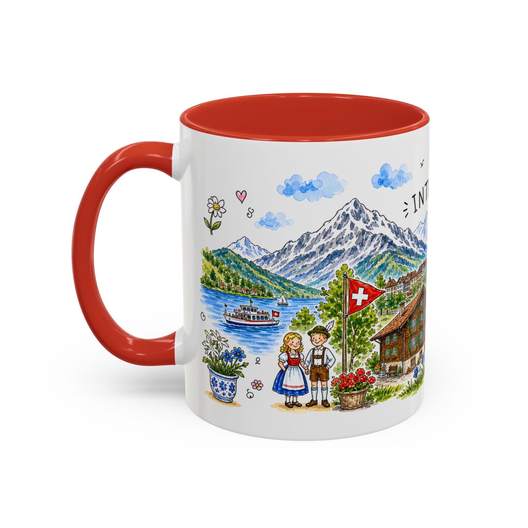 Interlaken Illustrated Travel Mug | Switzerland Souvenir Accent Coffee Mug | 11oz 15oz Ceramic Cup