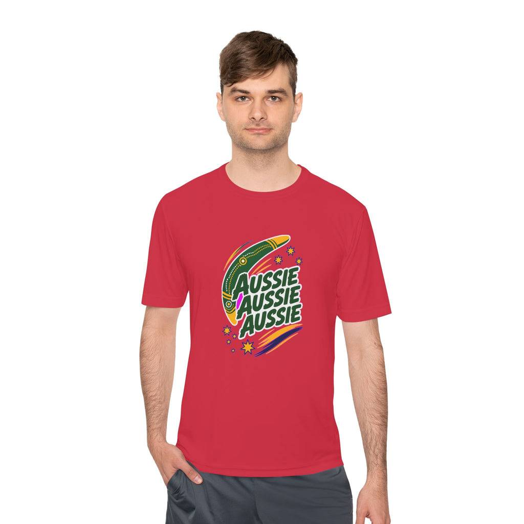 Australia Fan T-Shirt, Aussie Boomerang Design, Moisture Wicking Sport Tee