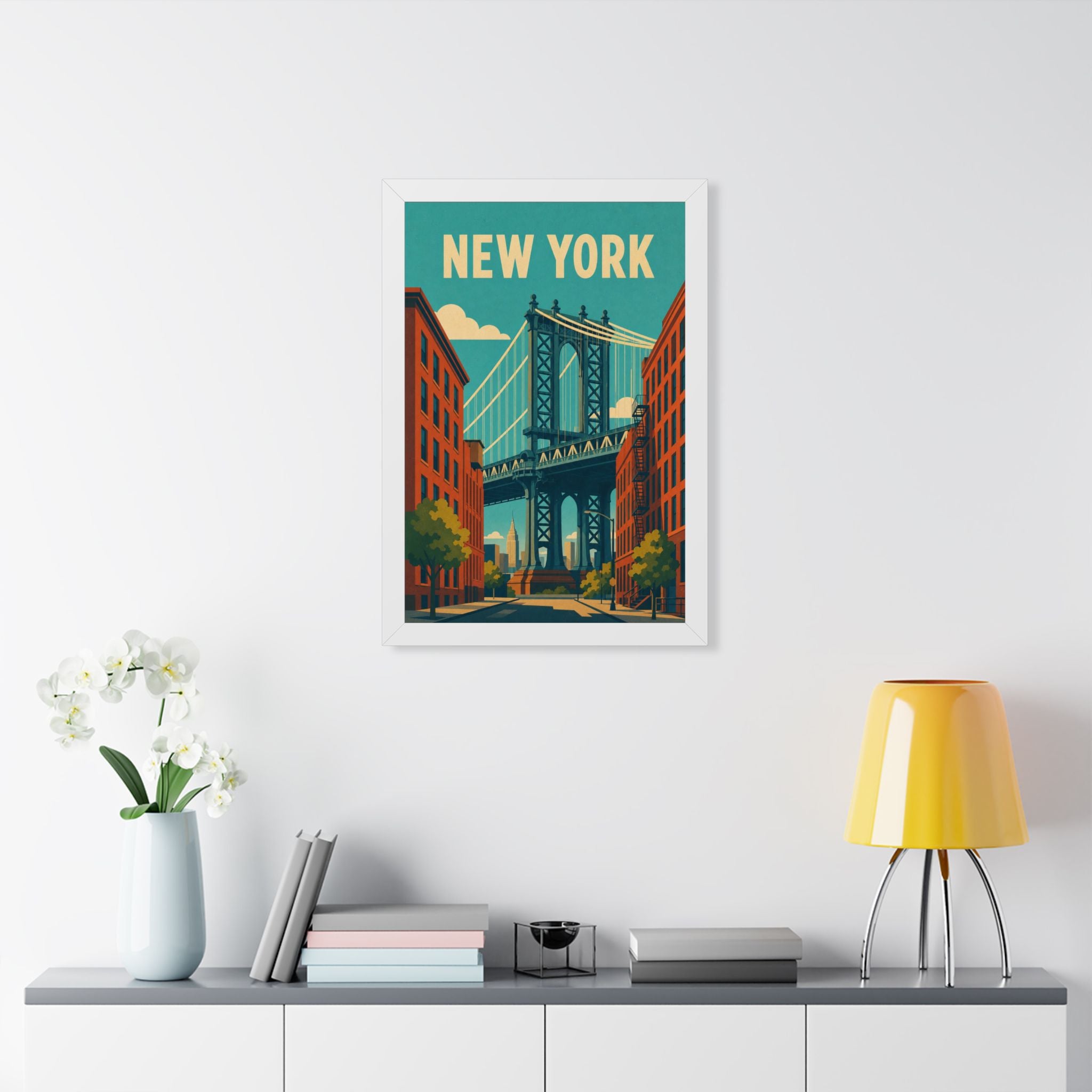 Manhattan Bridge New York United States Framed Poster | Vintage Travel Wall Art | Black Walnut White Frame | 16x24 20x30