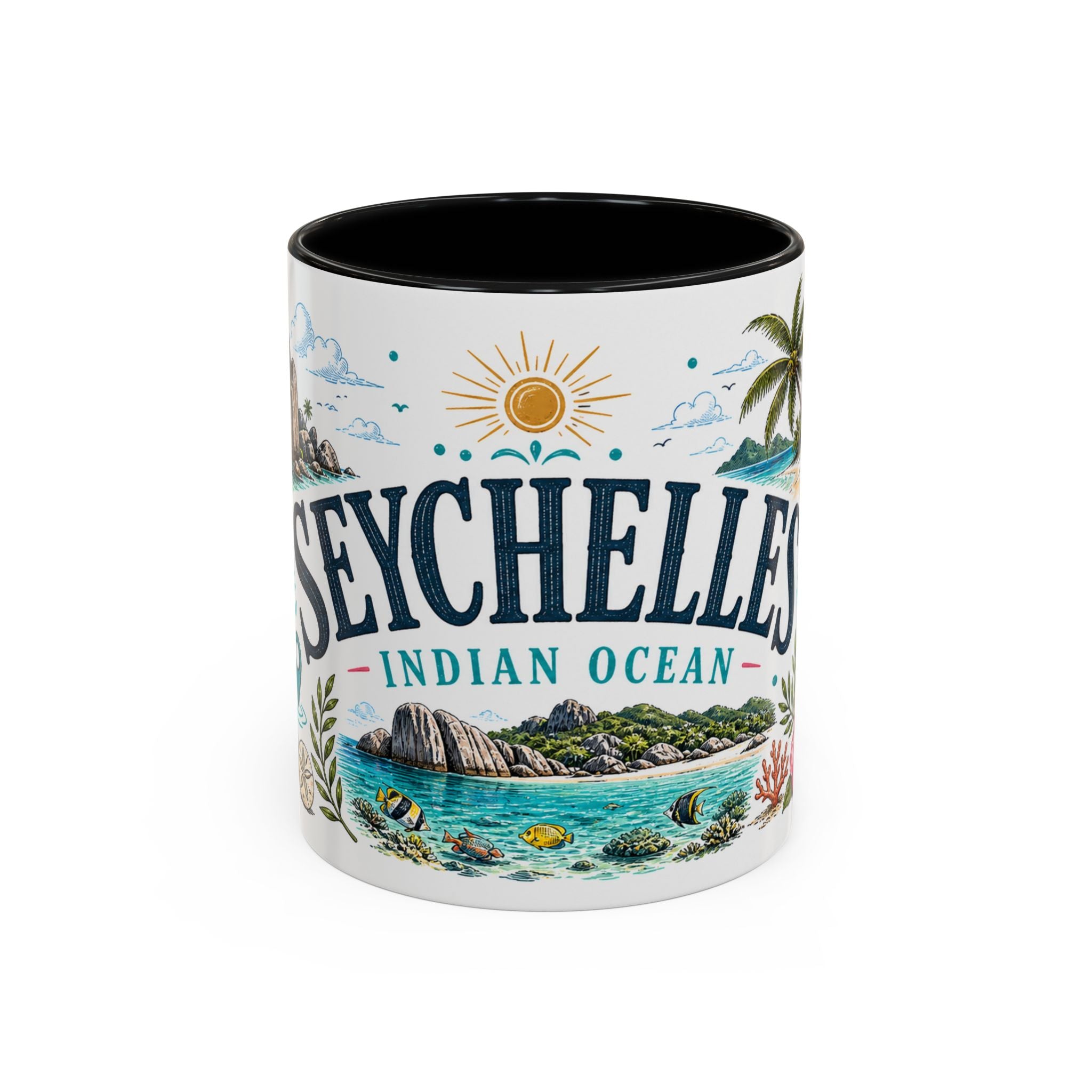 Seychelles Coffee Mug | Travel Destination Souvenir Gift | Accent Color Ceramic 11oz 15oz