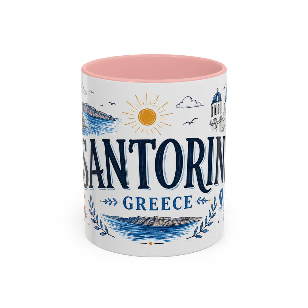 Santorini Coffee Mug | Travel Destination Souvenir Gift | Accent Color Ceramic 11oz 15oz
