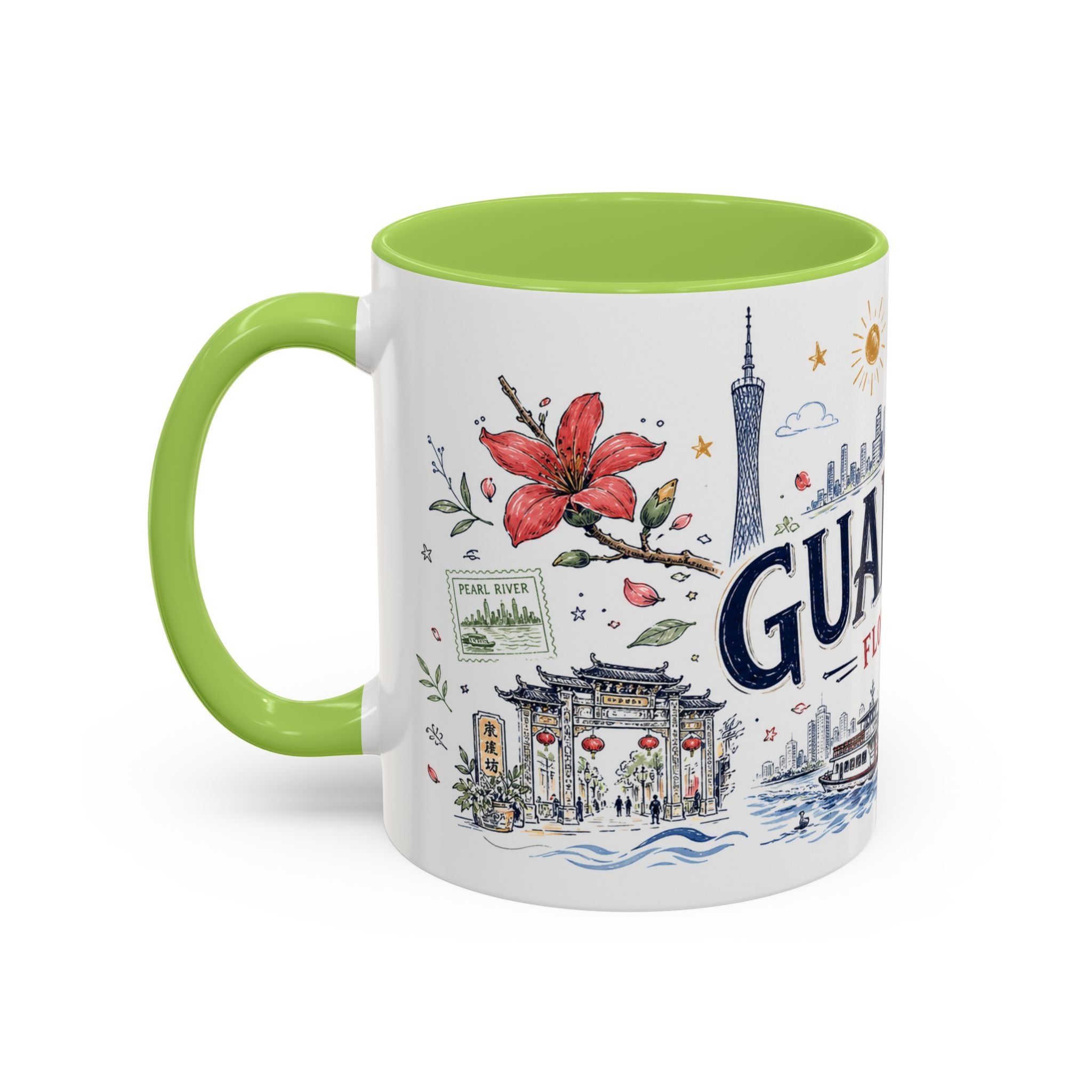 Guangzhou Coffee Mug | China Souvenir Travel Gift | Accent Color Ceramic 11oz 15oz