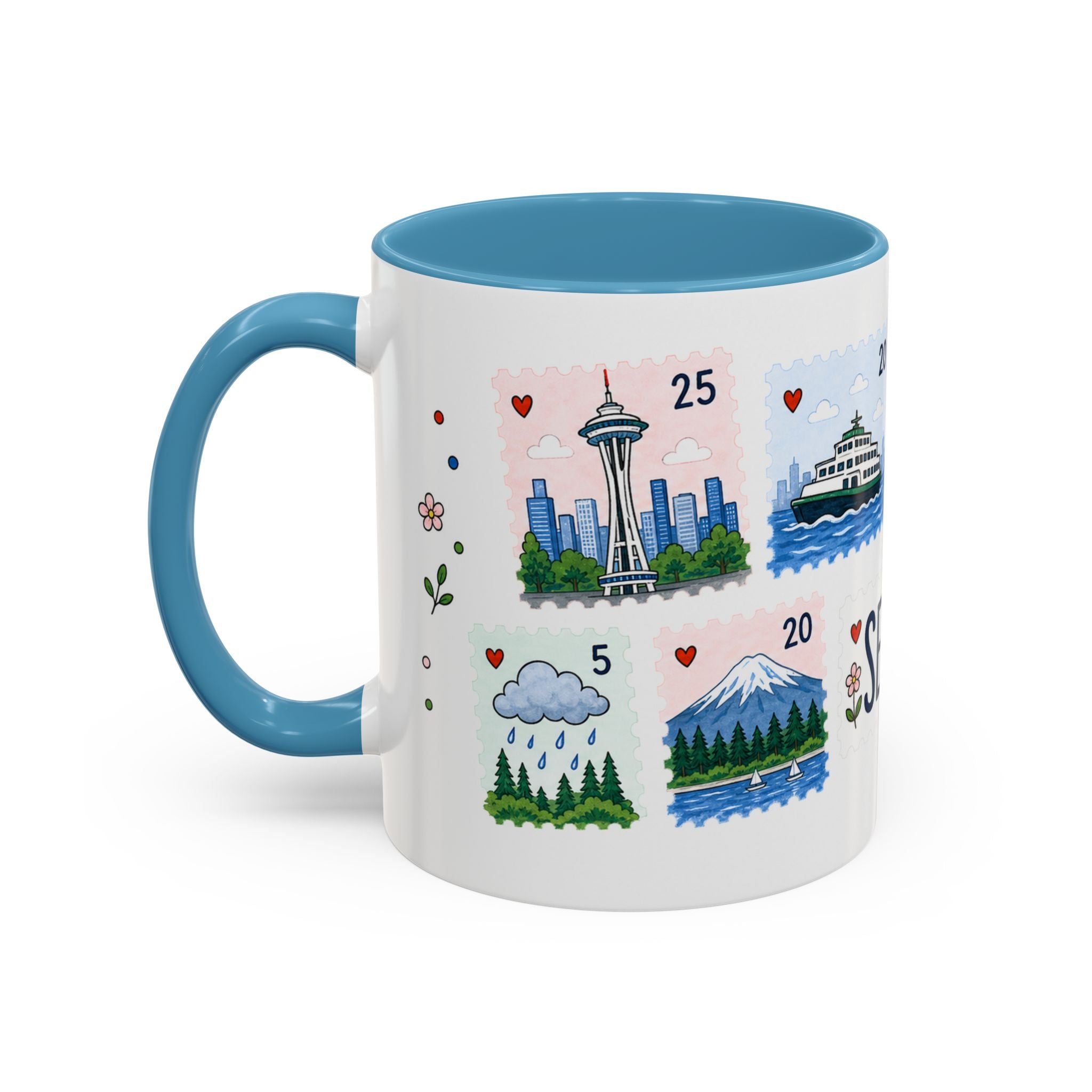 Seattle Coffee Mug | Postage Stamp Collage Mug | Travel Souvenir Accent Cup 11oz 15oz