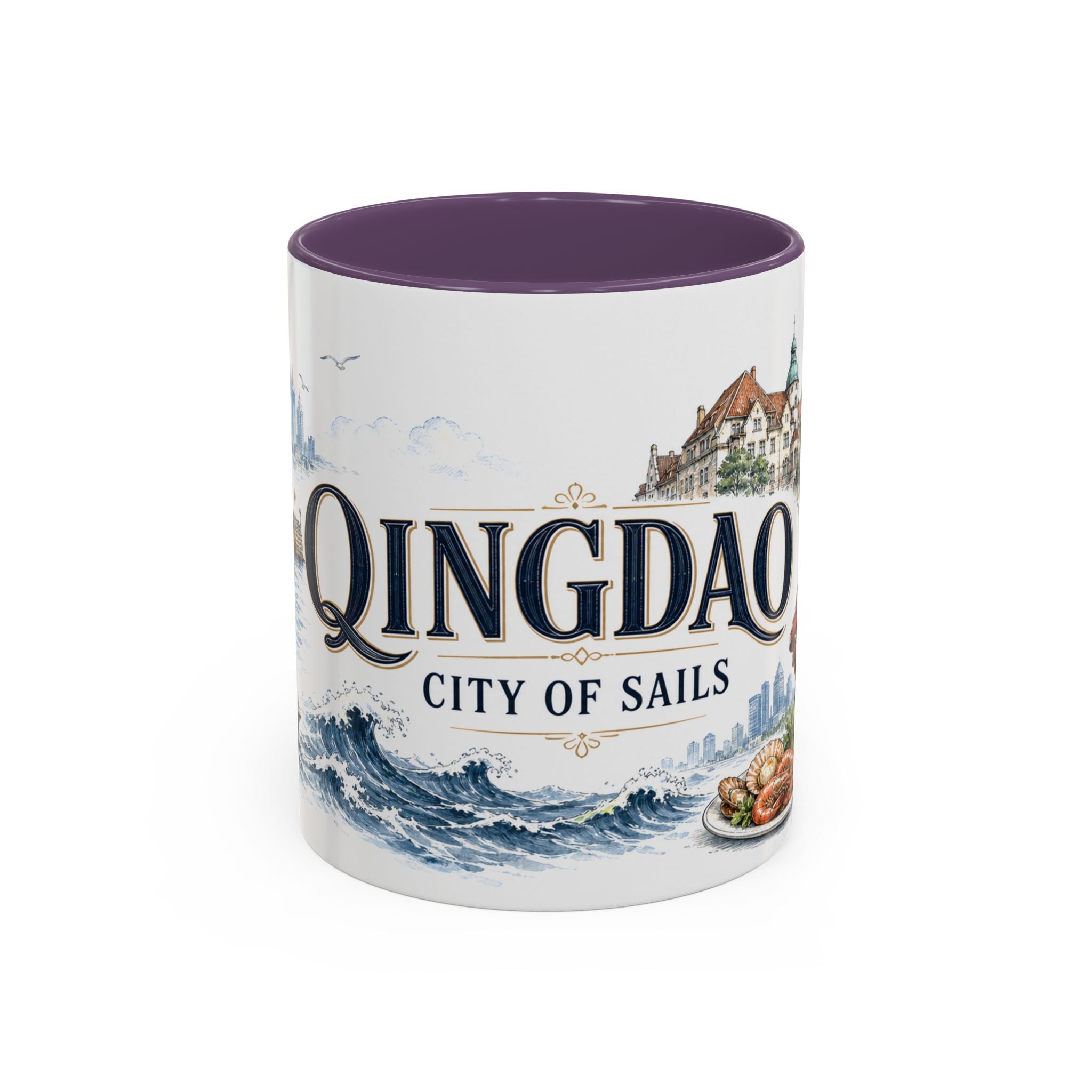 Qingdao Coffee Mug | China Travel Souvenir | Vintage Illustrated City Gift | 11 oz 15 oz Accent Mug