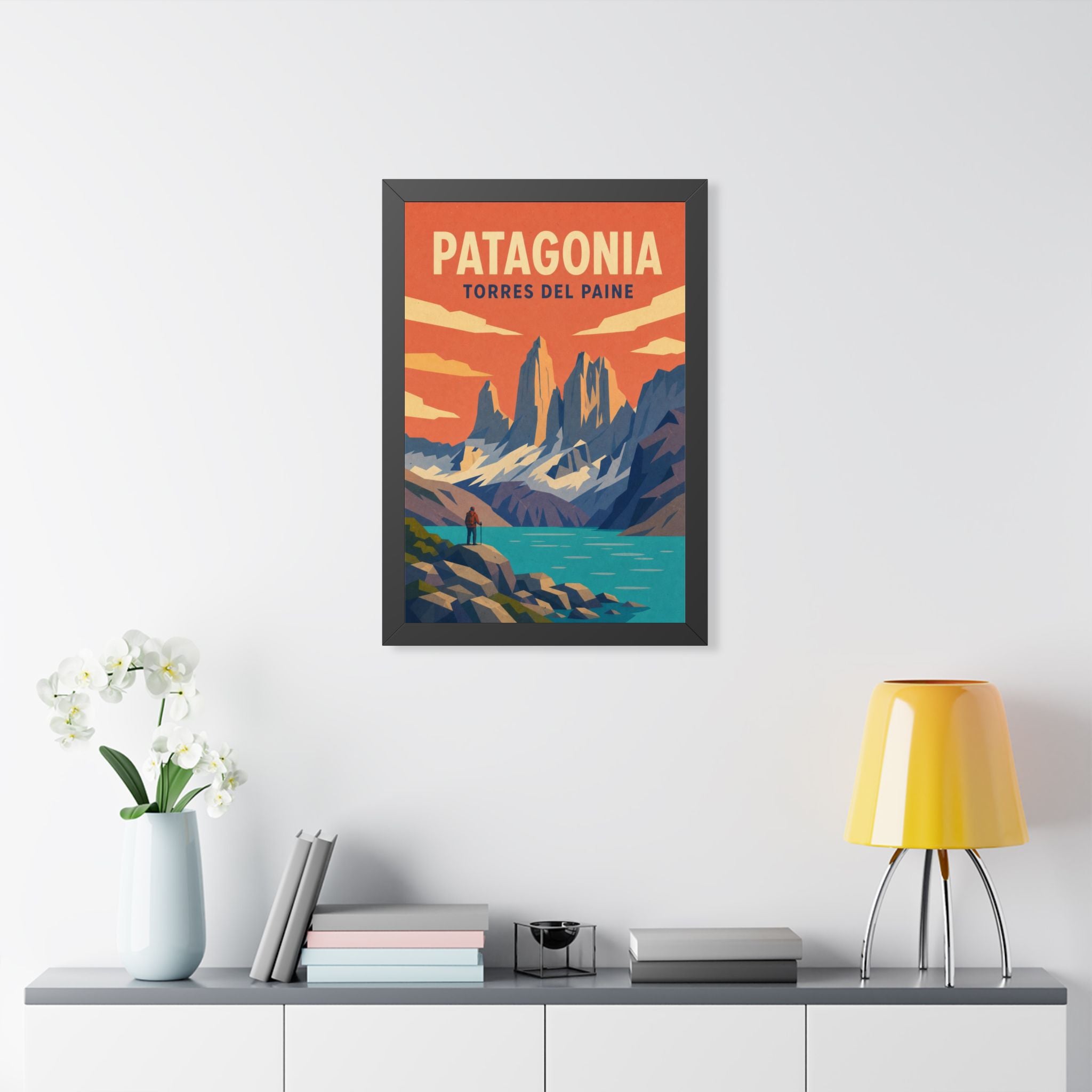 Torres del Paine Chile Framed Poster | Vintage Travel Wall Art | Black Walnut White Frame | 16x24 20x30