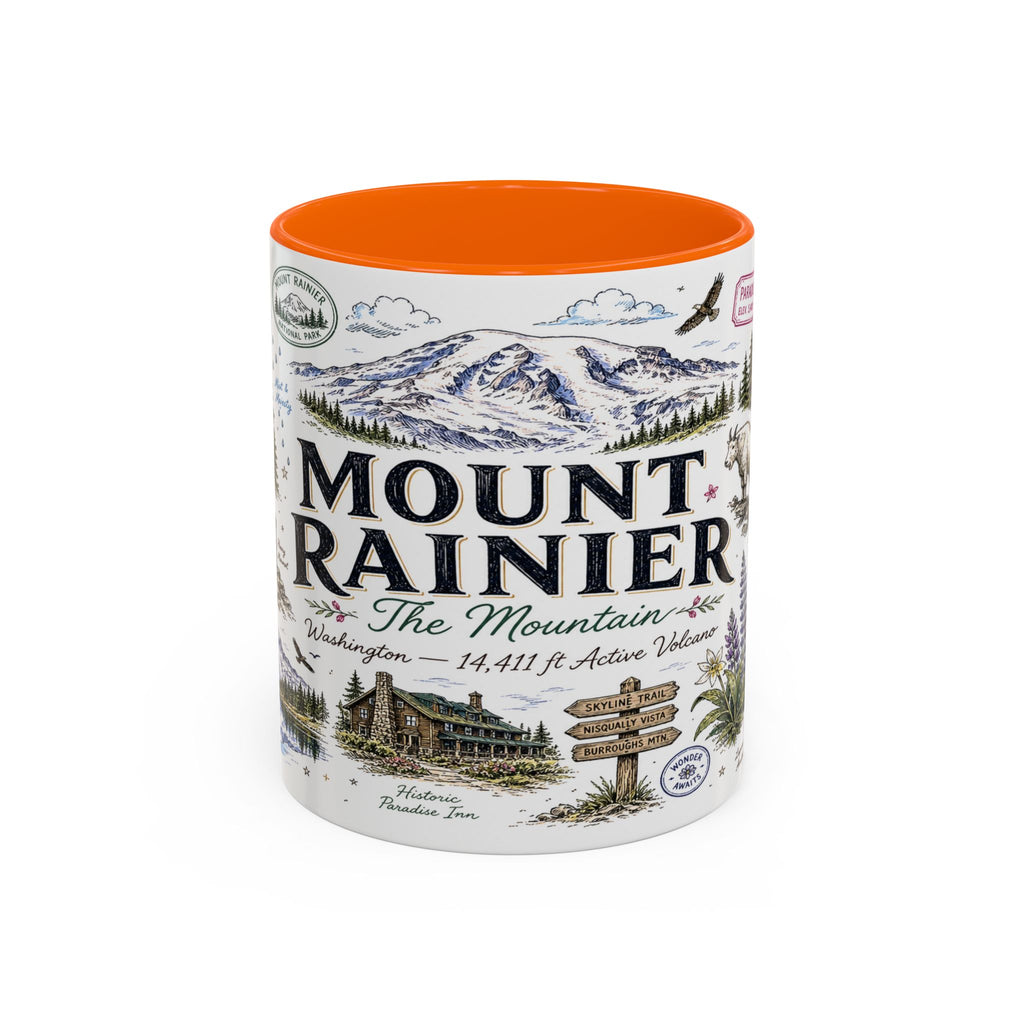 Mount Rainier Coffee Mug | National Park Hiking Washington Gift | Accent Color Ceramic 11oz 15oz