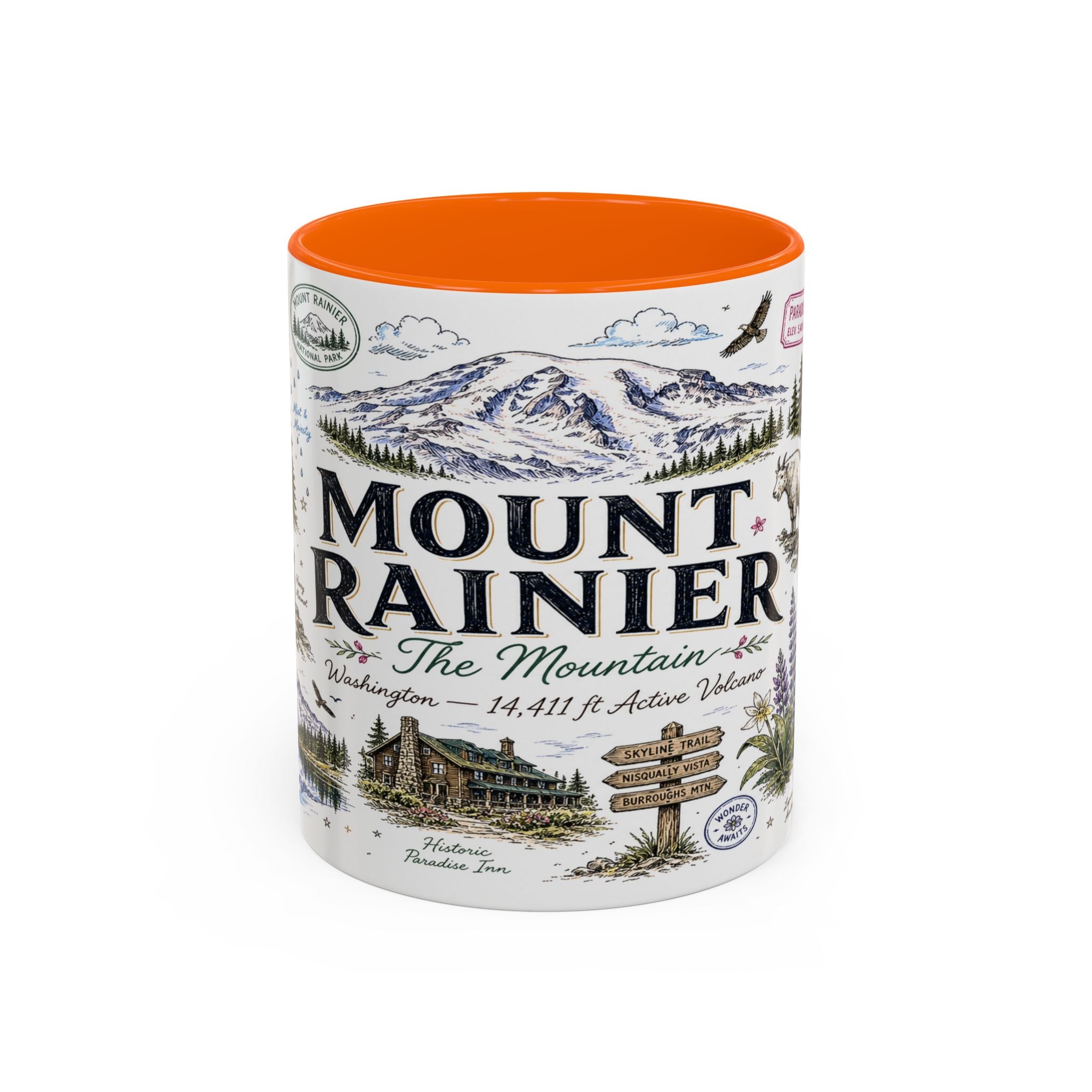 Mount Rainier Coffee Mug | National Park Hiking Washington Gift | Accent Color Ceramic 11oz 15oz