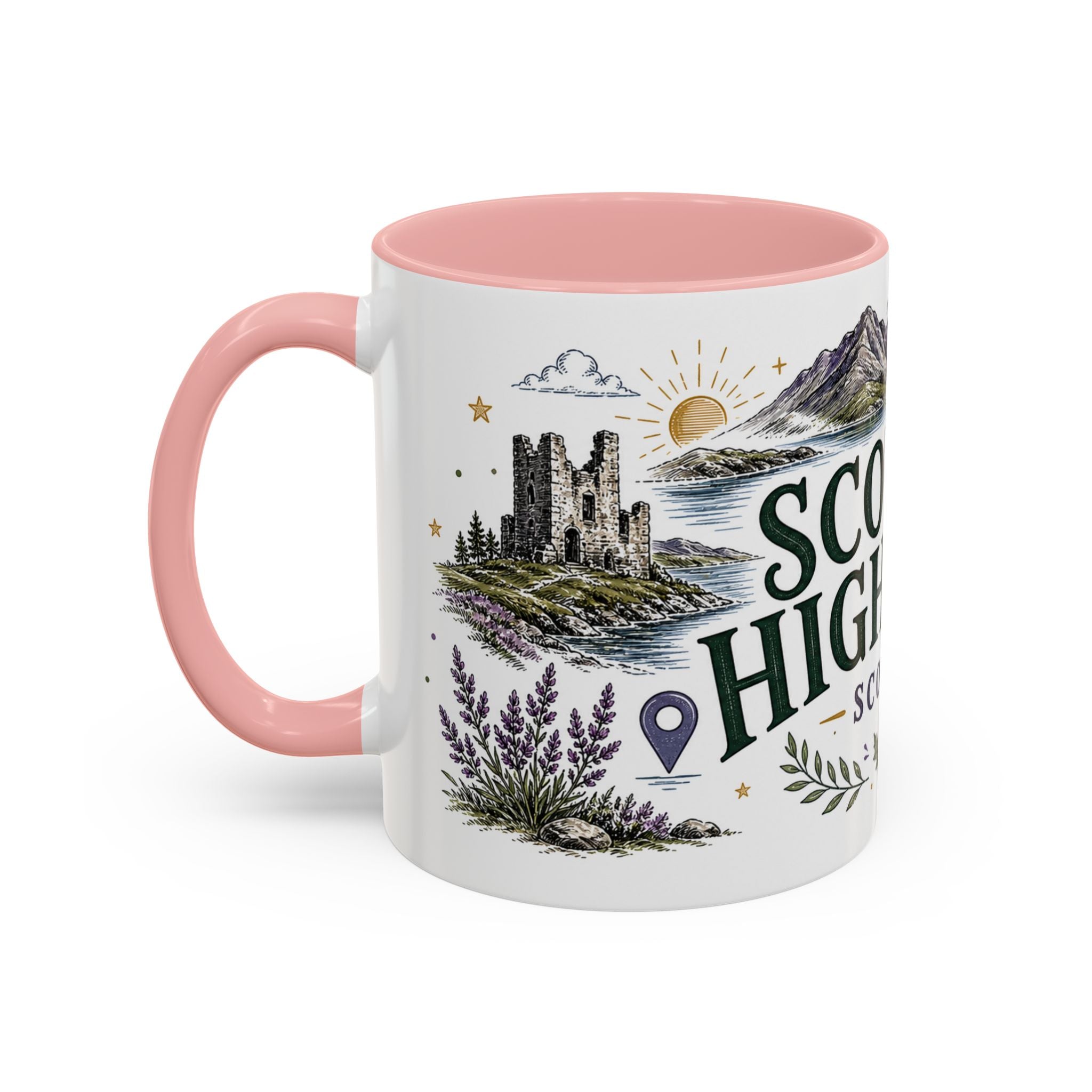 Scottish Highlands Coffee Mug | Travel Destination Souvenir Gift | Accent Color Ceramic 11oz 15oz