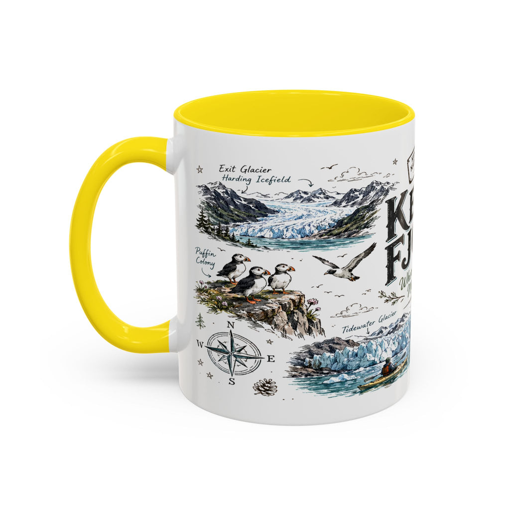 Kenai Fjords National Park Coffee Mug | Alaska Coastal Wildlife Hiking Gift | Accent Color Ceramic 11oz 15oz