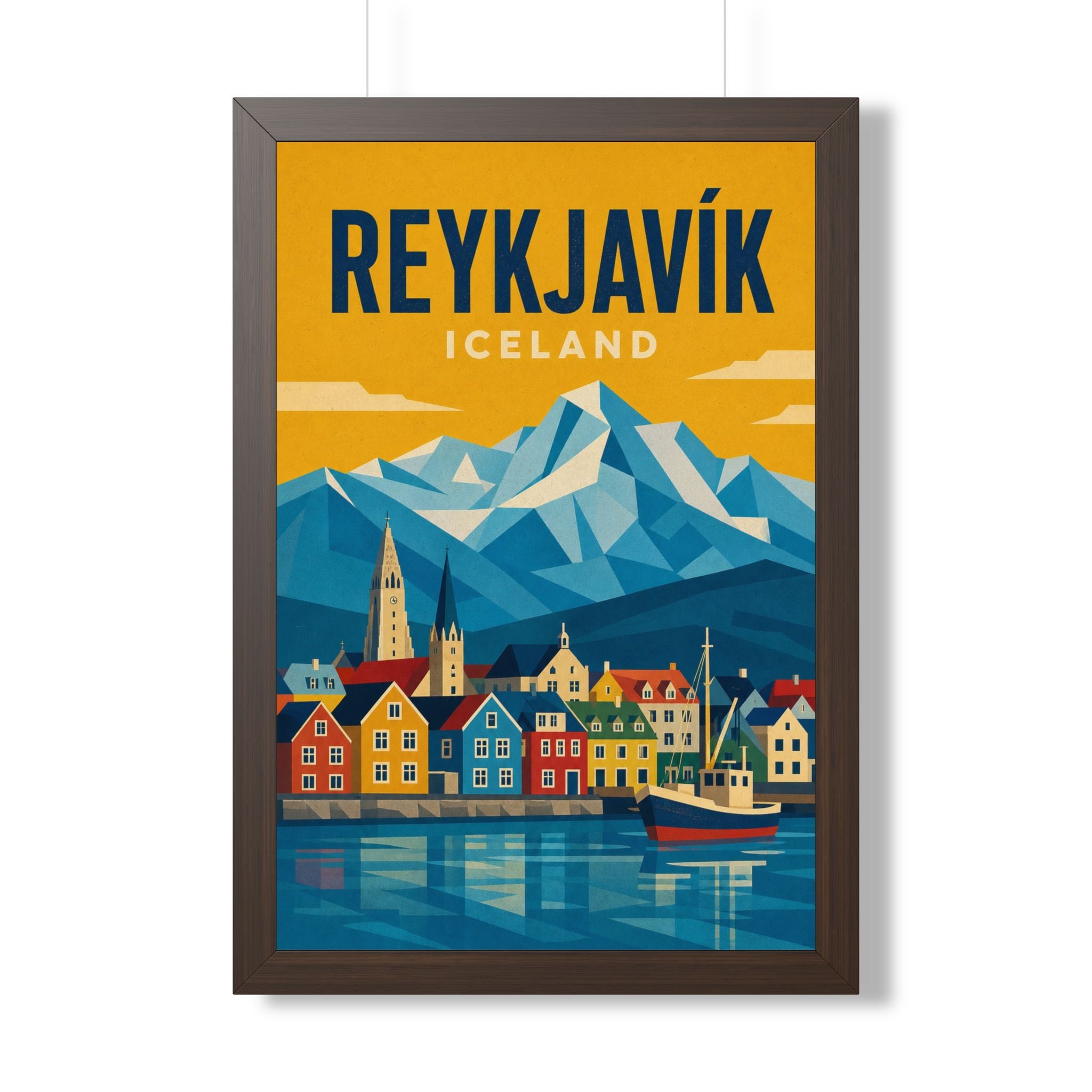 Reykjavík Iceland Framed Poster | Vintage Travel Wall Art | Black Walnut White Frame | 16x24 20x30