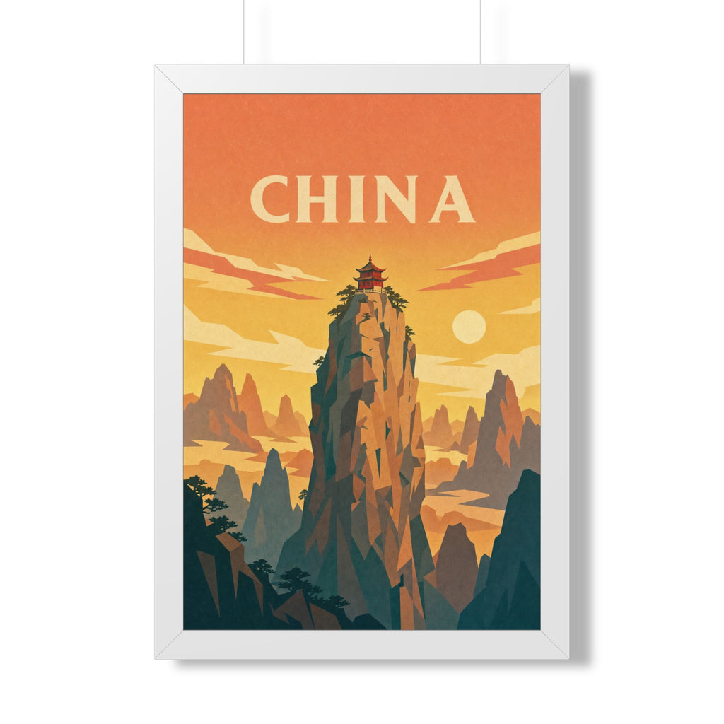 China Mountain Temple China Framed Poster | Vintage Travel Wall Art | Black Walnut White Frame | 16x24 20x30