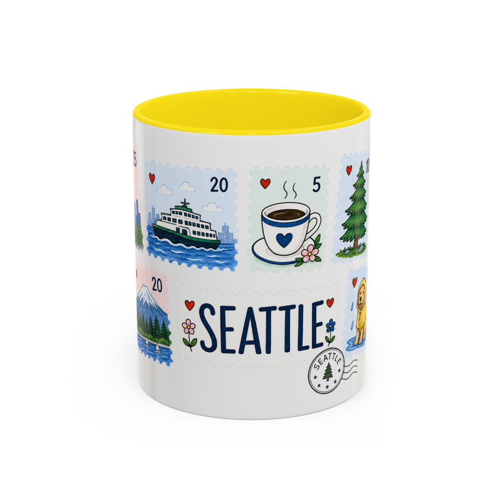 Seattle Coffee Mug | Postage Stamp Collage Mug | Travel Souvenir Accent Cup 11oz 15oz