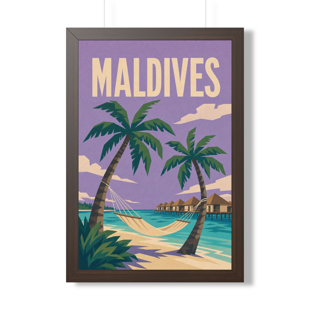 Maldives Beach Maldives Framed Poster | Vintage Travel Wall Art | Black Walnut White Frame | 16x24 20x30