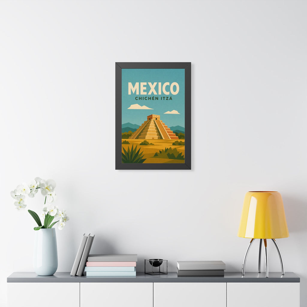 Chichén Itzá Mexico Framed Poster | Vintage Travel Wall Art | Black Walnut White Frame | 16x24 20x30