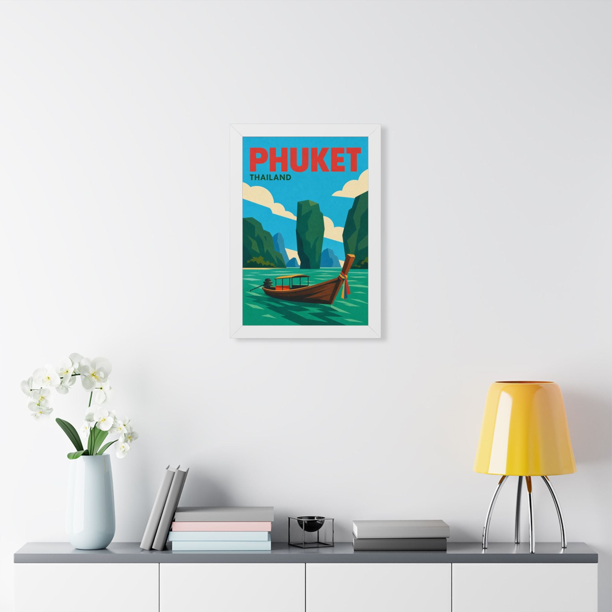 Phuket Thailand Framed Poster | Vintage Travel Wall Art | Black Walnut White Frame | 16x24 20x30