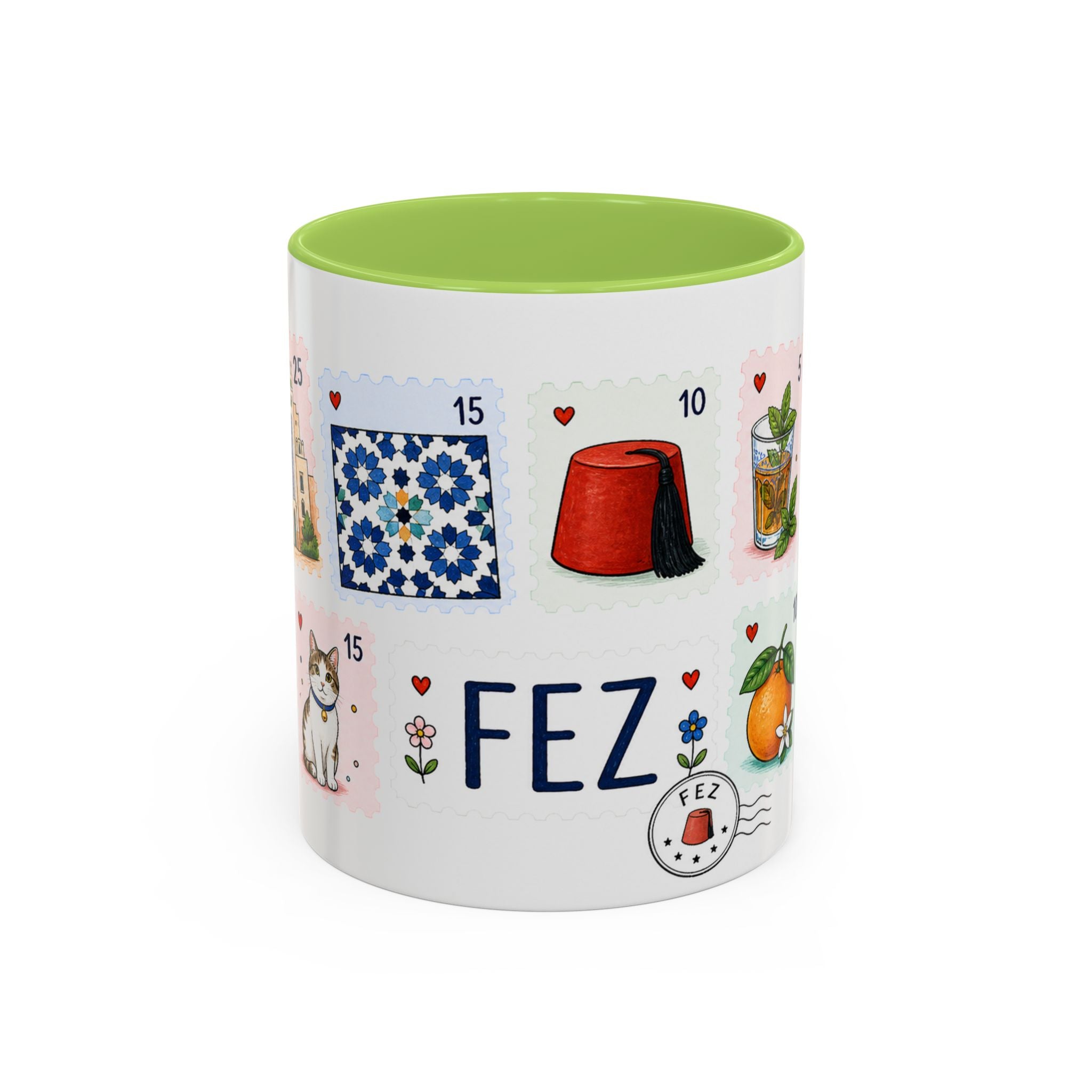 Fez Coffee Mug | Postage Stamp Collage Mug | Travel Souvenir Accent Cup 11oz 15oz