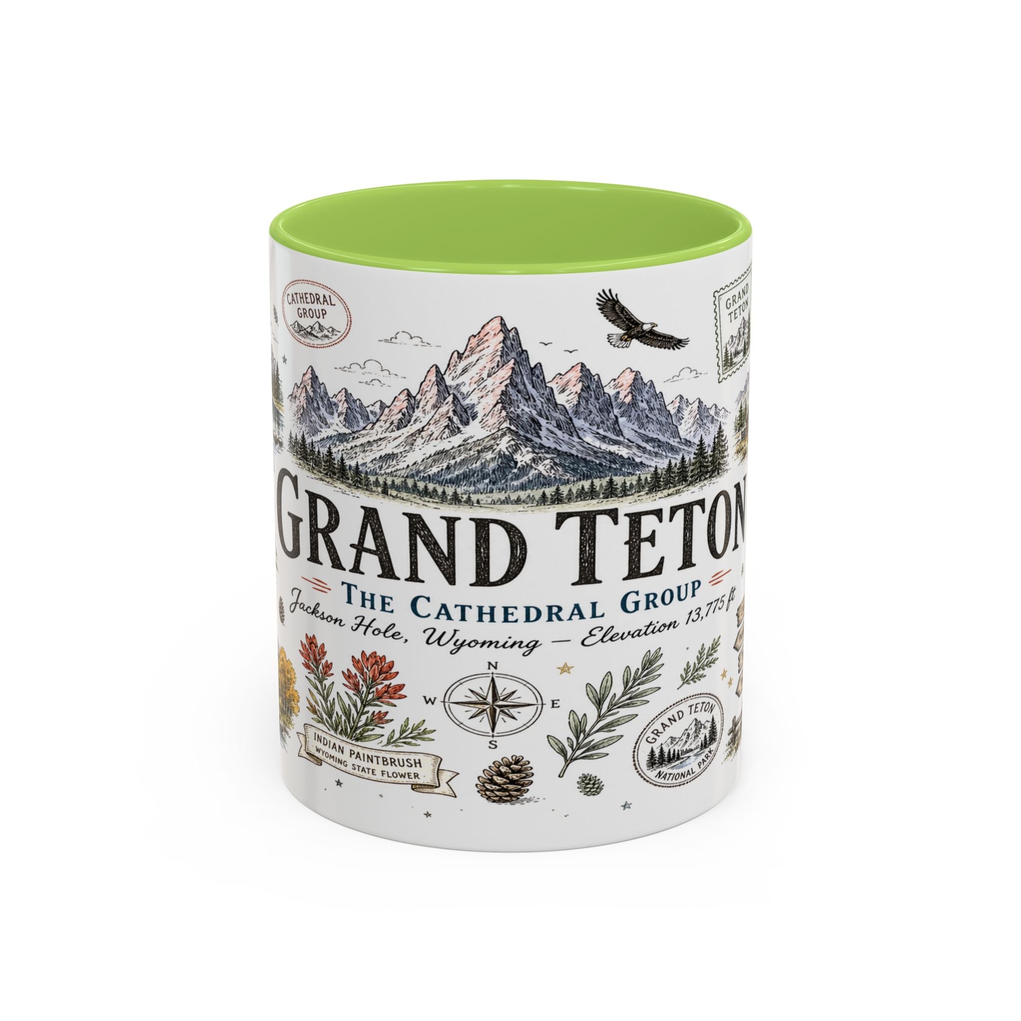 Grand Teton Coffee Mug | National Park Hiking Wyoming Gift | Accent Color Ceramic 11oz 15oz