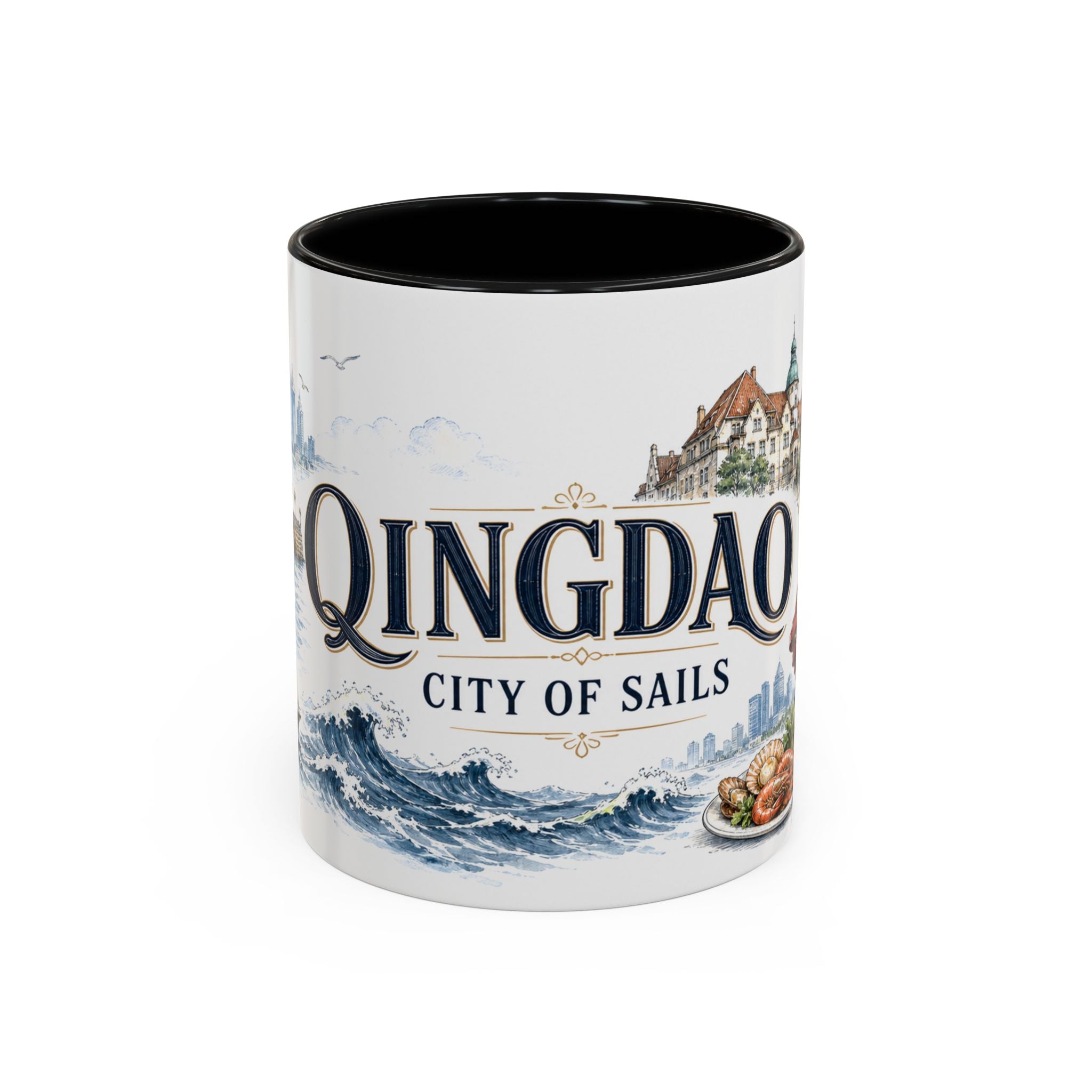 Qingdao Coffee Mug | China Travel Souvenir | Vintage Illustrated City Gift | 11 oz 15 oz Accent Mug