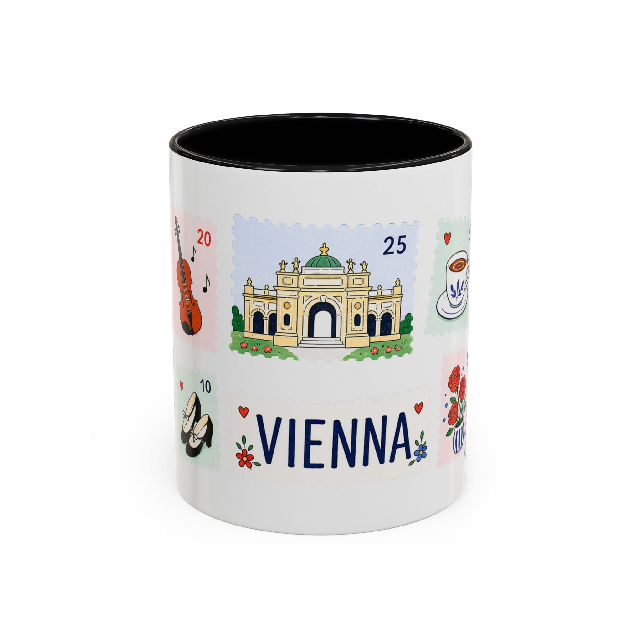 Vienna Coffee Mug | Postage Stamp Collage Mug | Travel Souvenir Accent Cup 11oz 15oz